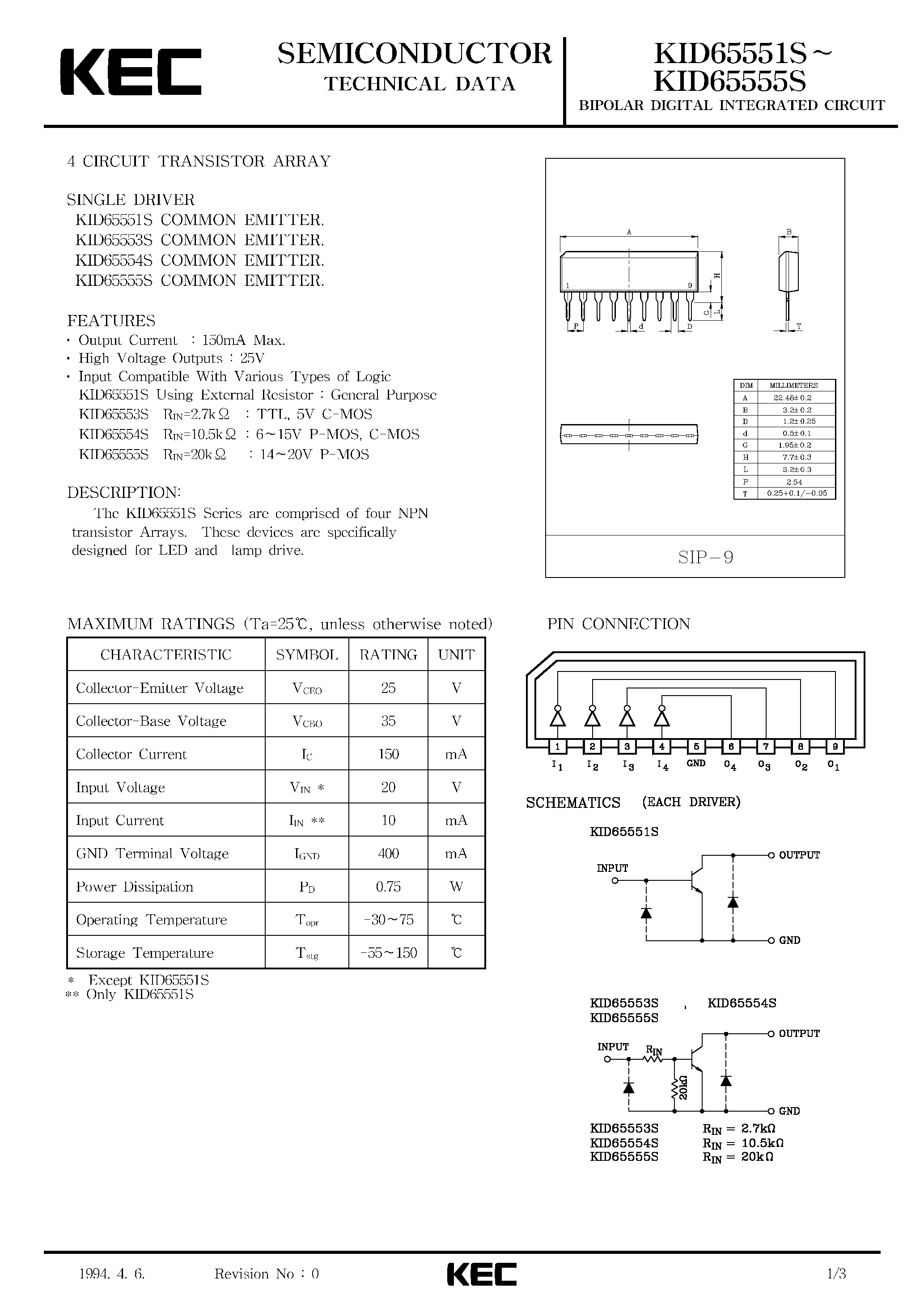 Datasheet KID65555S - BIPOLAR LINEAR INTEGRATED CIRCUIT (4 CIRCUIT TRANSISTOR ARRAY) page 1