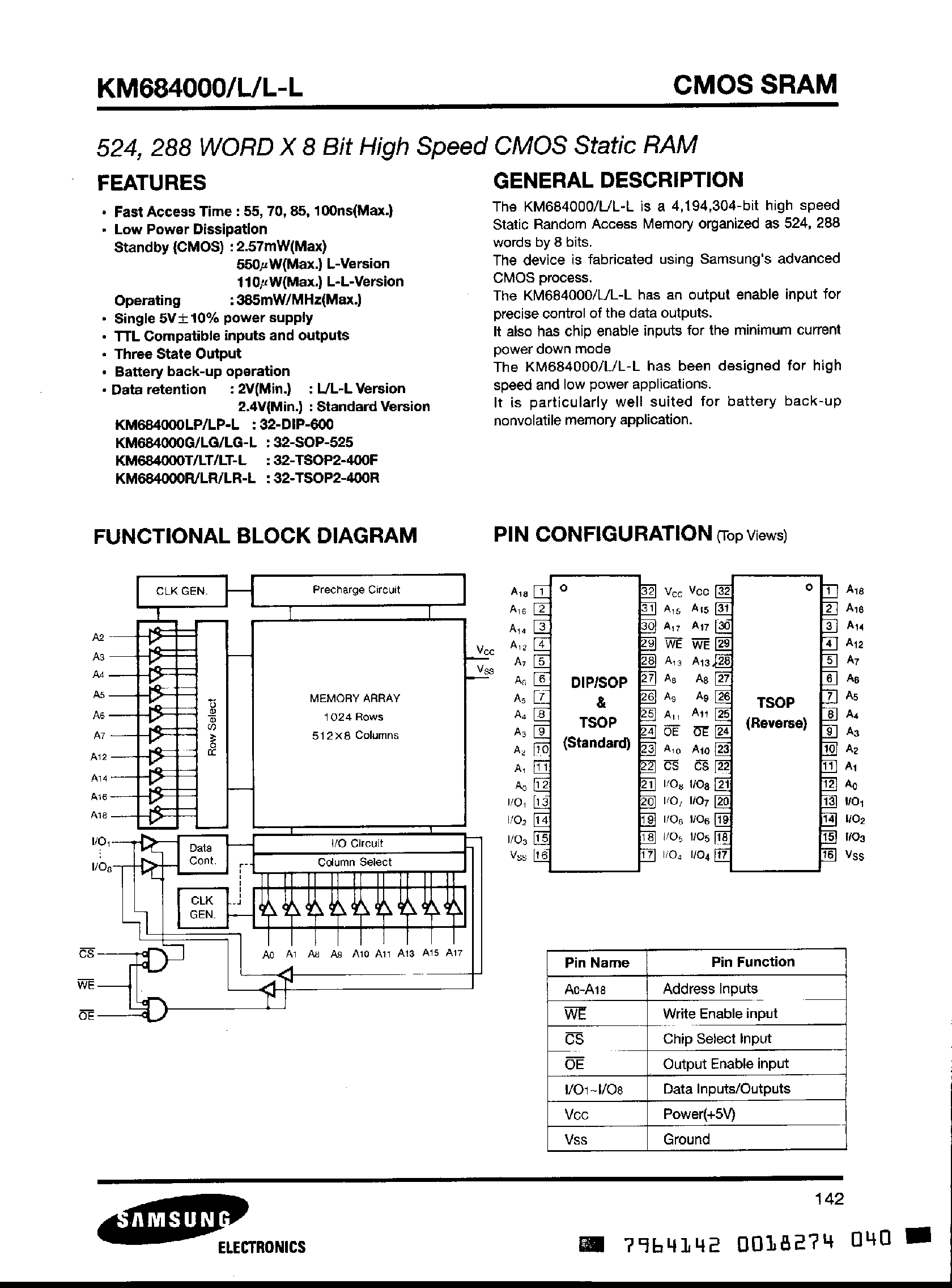 Даташит KIM684000 - 524/ 288 WORD x 8 BIT HIGH SPEED CMOS STATIC RAM страница 1