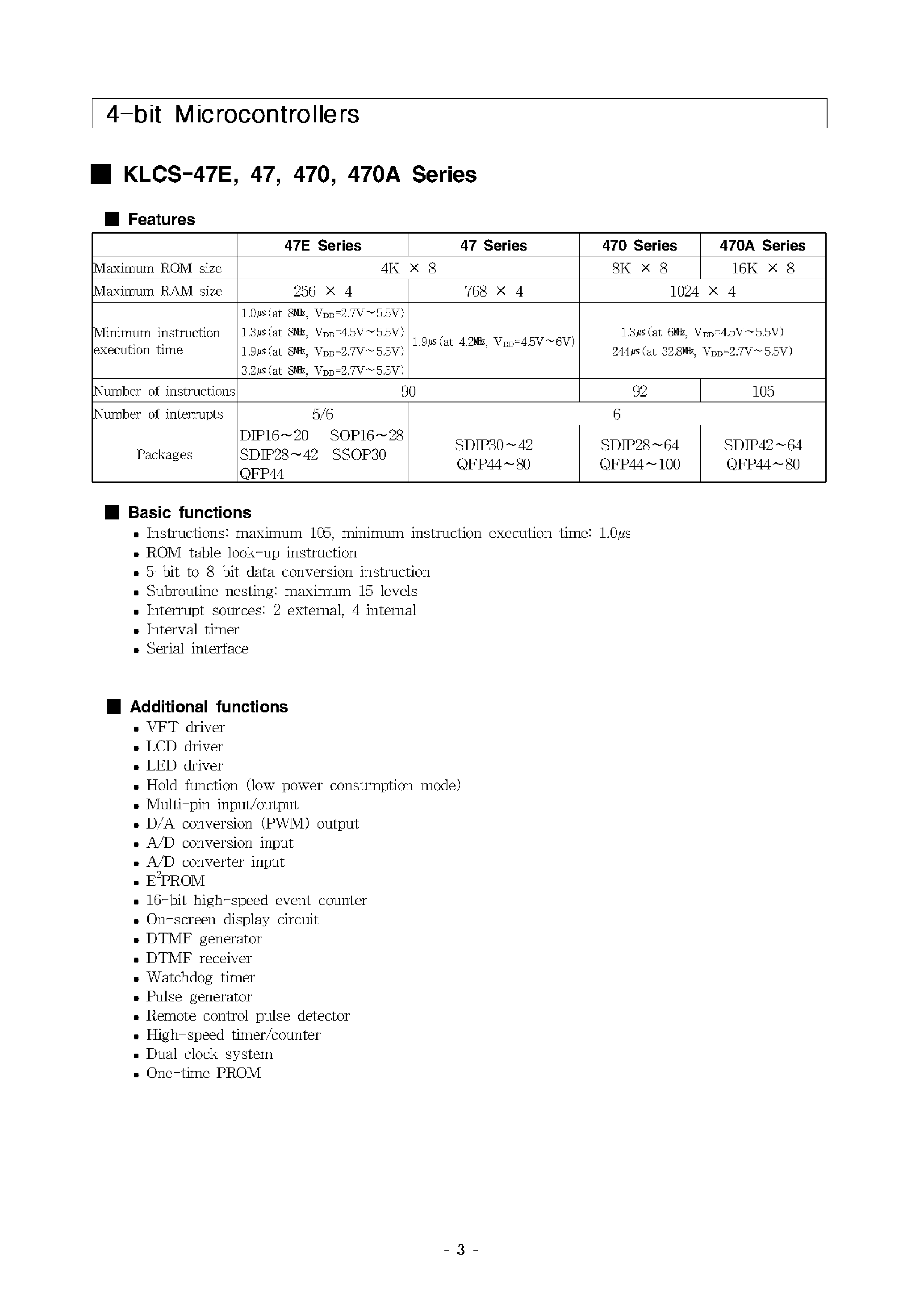 Datasheet KLCS-47E - 4-BIT MICROCONTROLLERS page 1