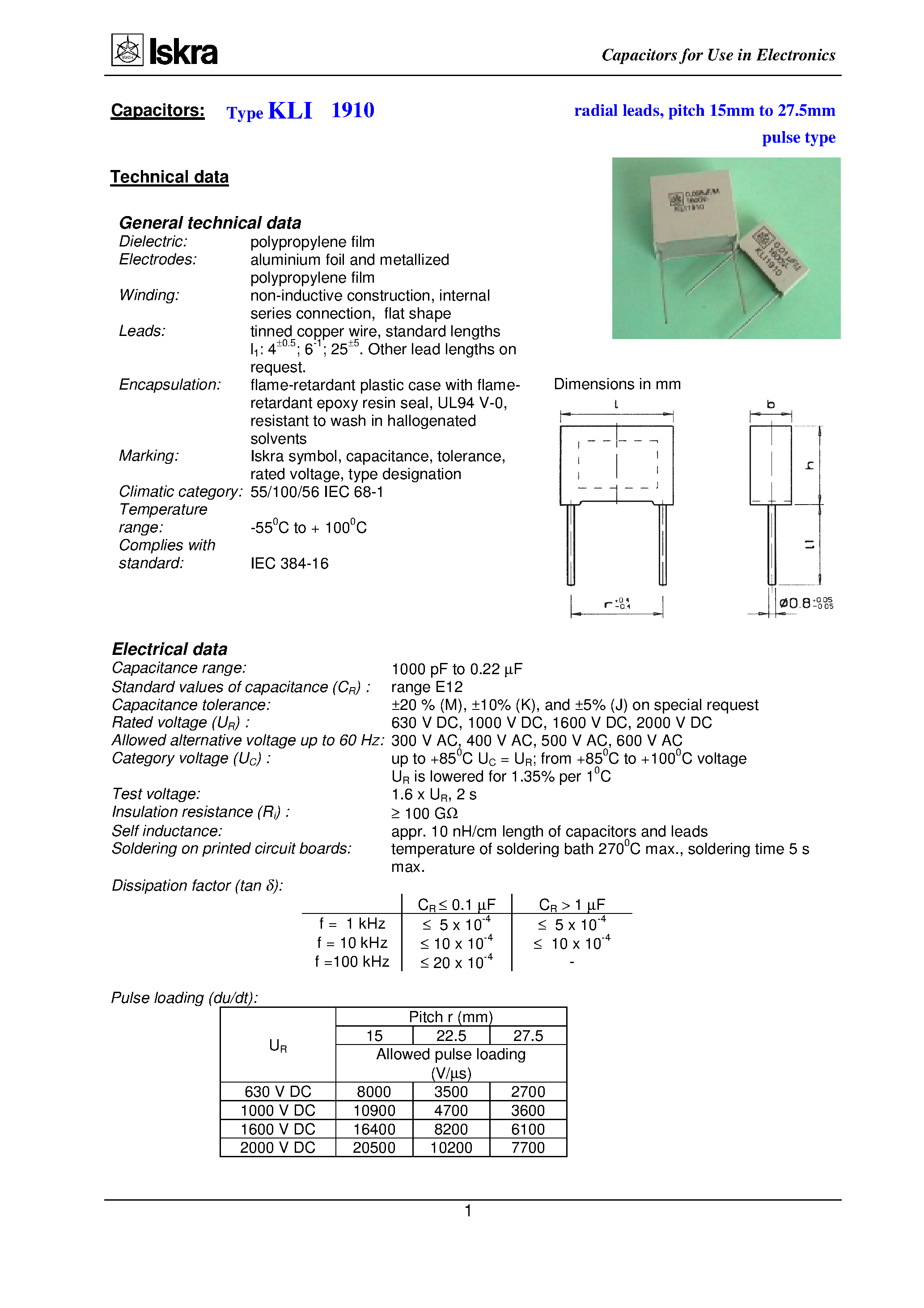 Datasheet KLI1910 - Capacitors Type KLI 1910 page 1