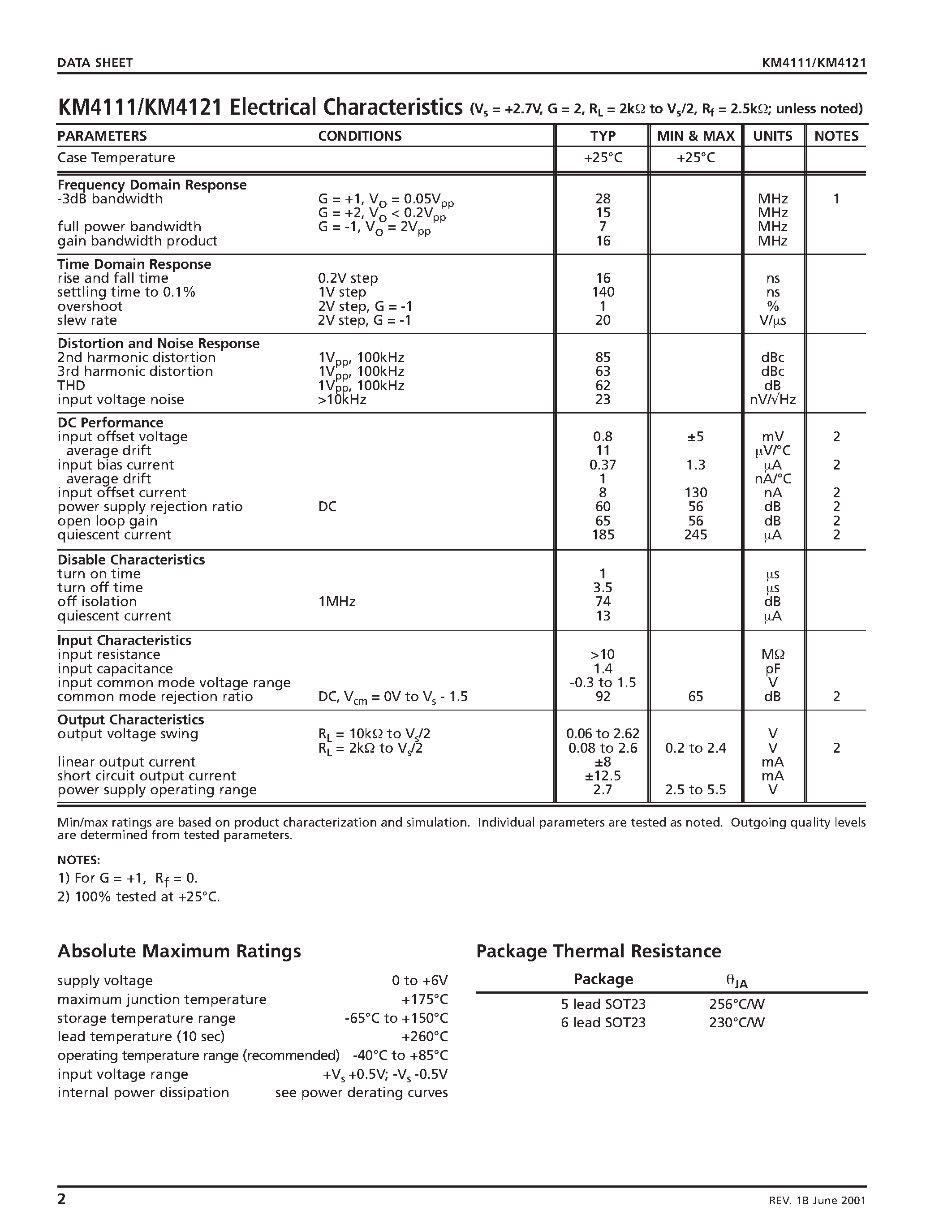 Datasheet KM4121 page 2 Datasheet KM4121 - 0.2mA/ Low Cost/ +2.7V & +5V/ 35MHz Rail-to-Rail Amplifiers page 2