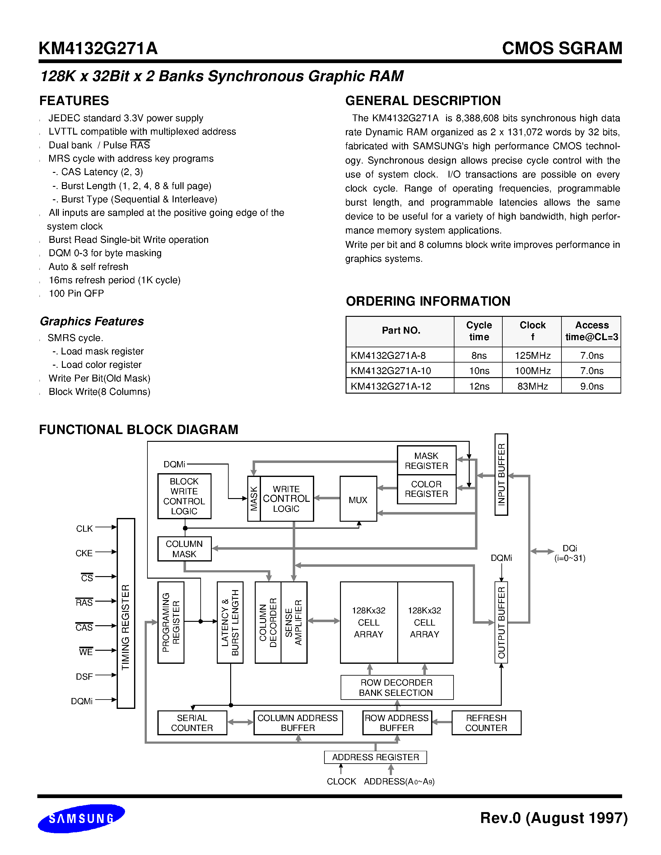 Datasheet KM4132G271A - 128K x 32Bit x 2 Banks Synchronous Graphic RAM page 1