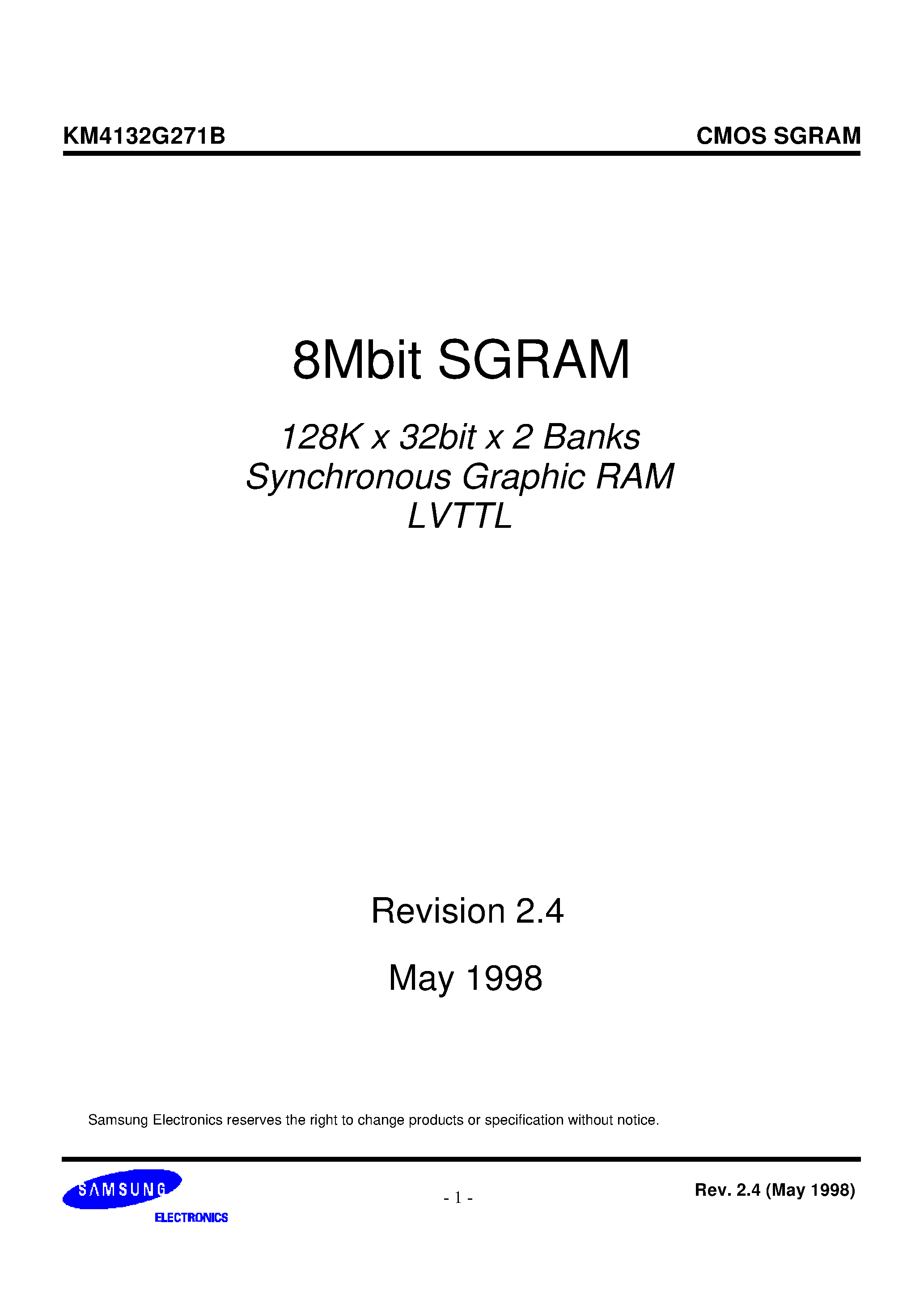 Datasheet KM4132G271B - 128K x 32bit x 2 Banks Synchronous Graphic RAM LVTTL page 1