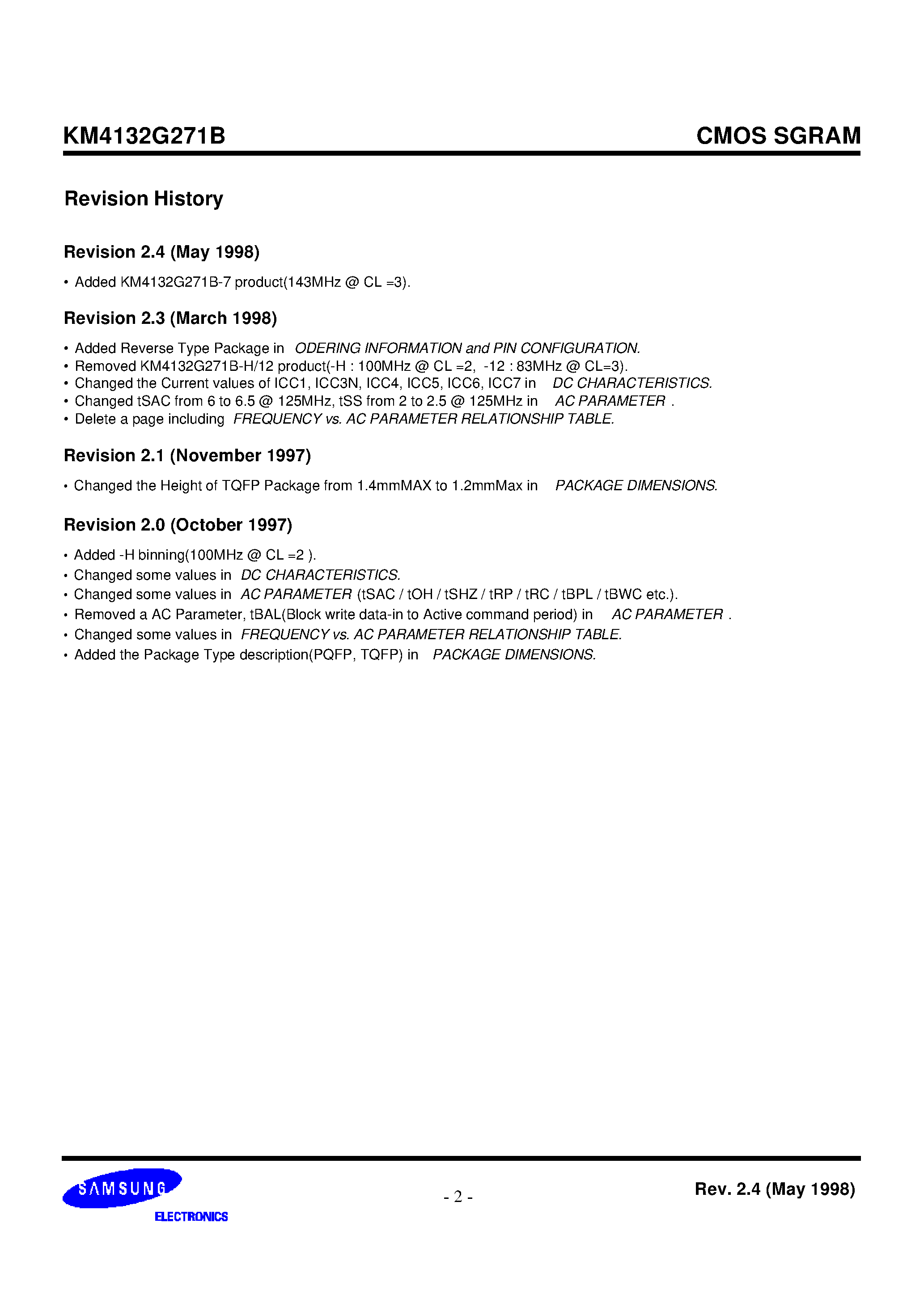 Datasheet KM4132G271B - 128K x 32bit x 2 Banks Synchronous Graphic RAM LVTTL page 2