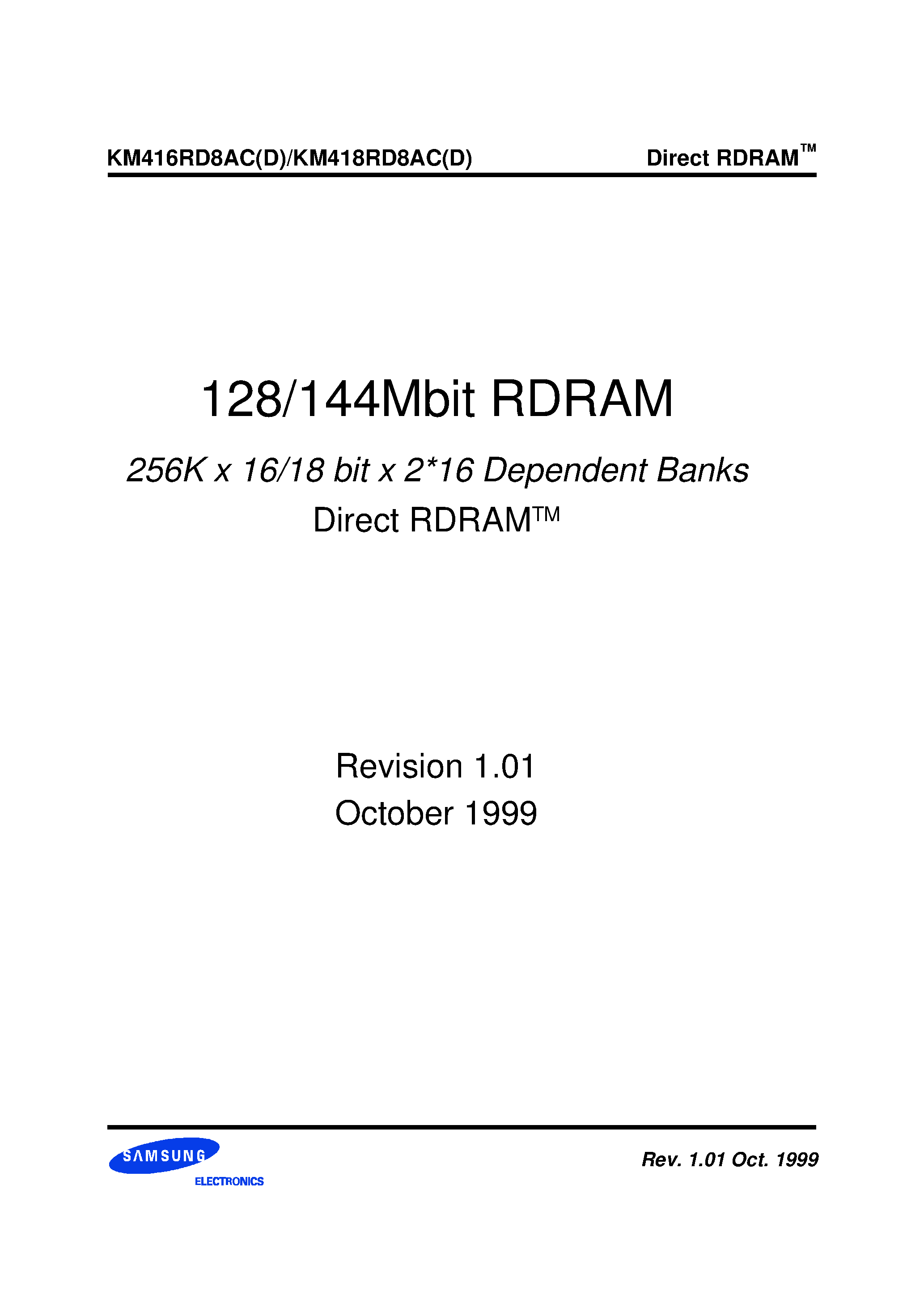 Datasheet KM416RD - 128/144Mbit RDRAM 256K x 16/18 bit x 2*16 Dependent Banks Direct RDRAMTM page 1
