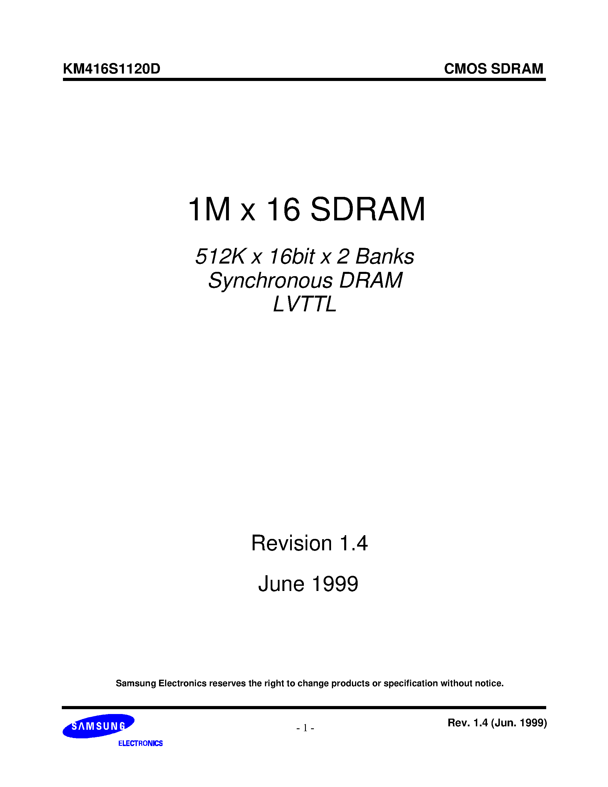 Datasheet KM416S1120D - 512K x 16bit x 2 Banks Synchronous DRAM LVTTL page 1