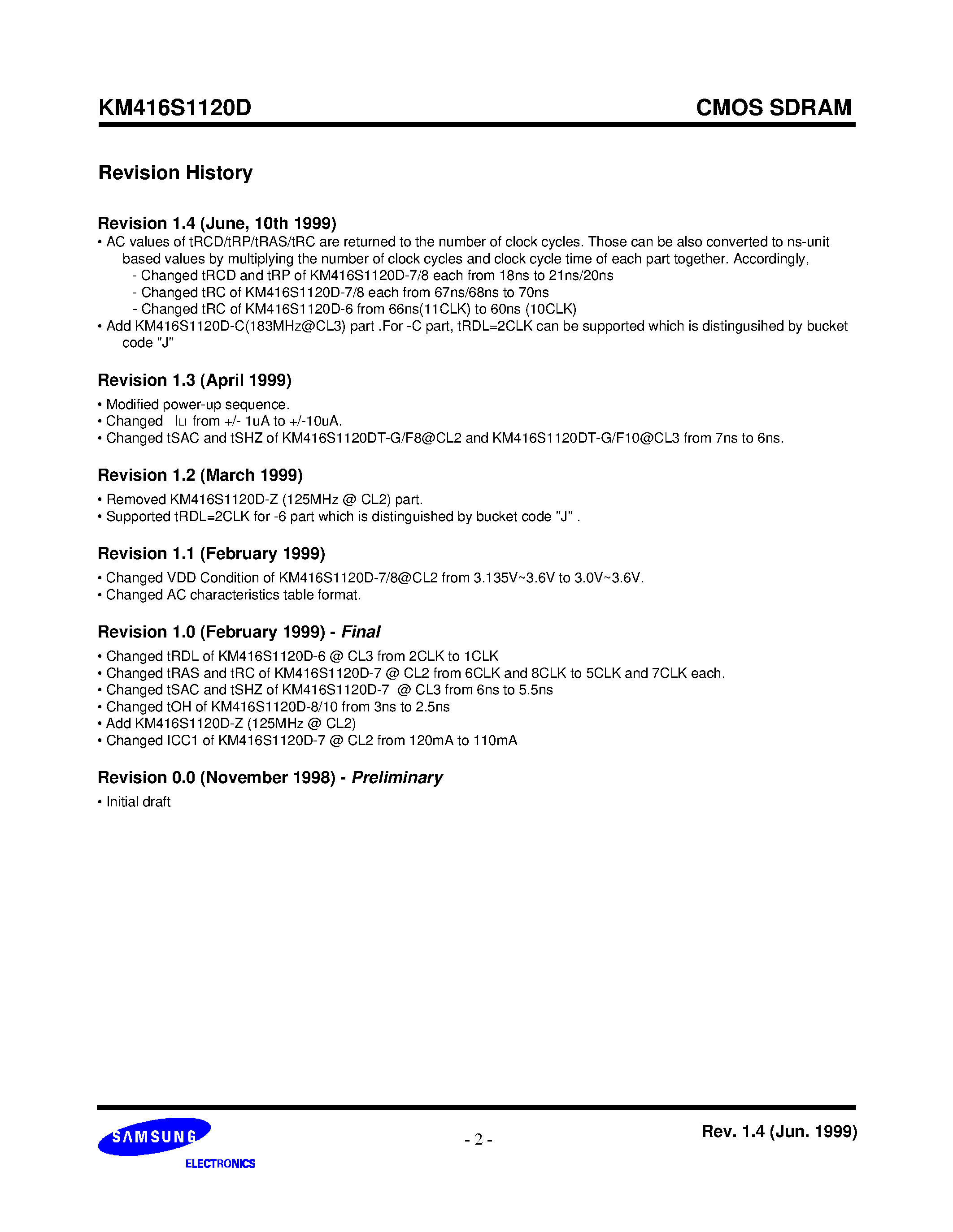 Datasheet KM416S1120D - 512K x 16bit x 2 Banks Synchronous DRAM LVTTL page 2