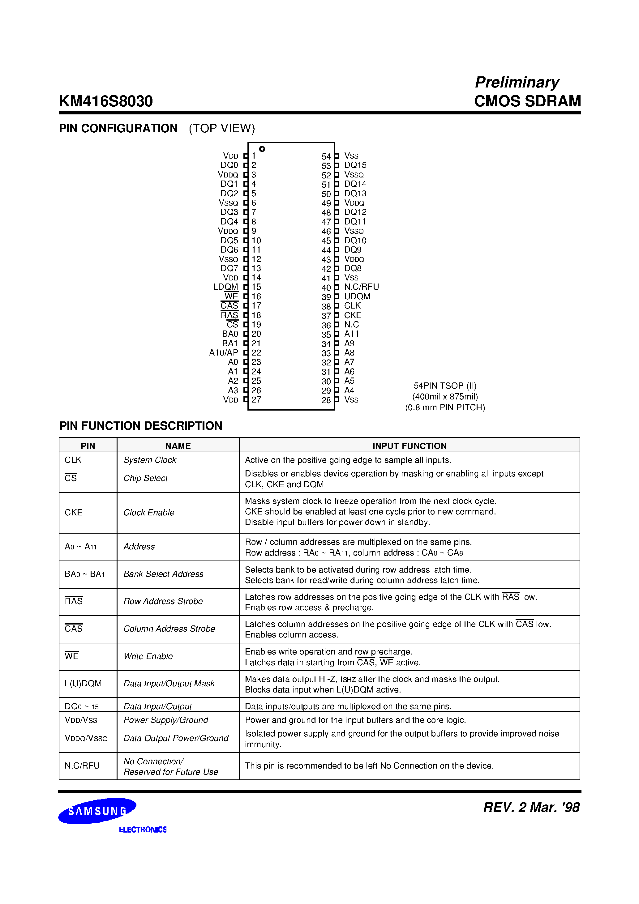 Datasheet KM416S8030 - 2M x 16Bit x 4 Banks Synchronous DRAM page 2