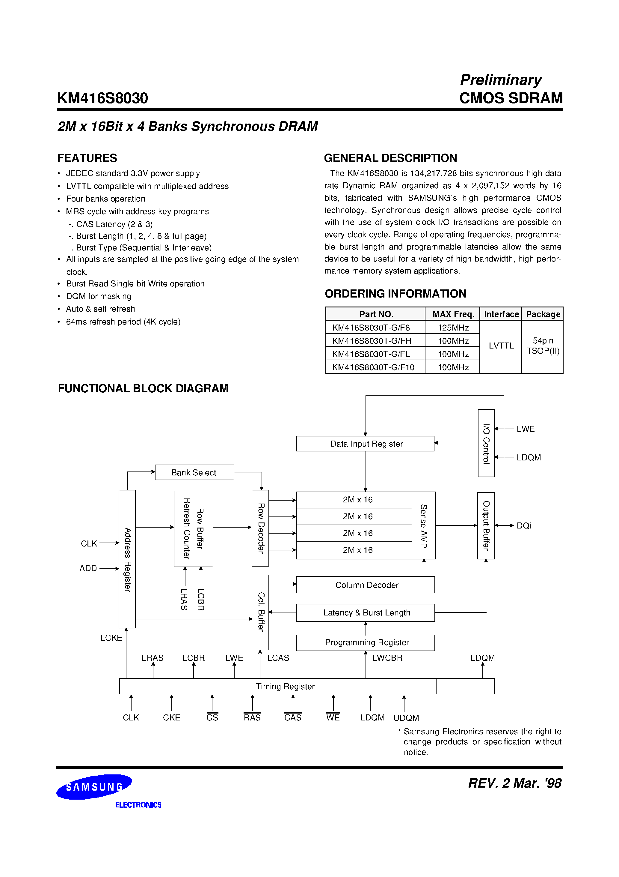 Даташит KM416S8030T-G/FL - 2M x 16Bit x 4 Banks Synchronous DRAM страница 1