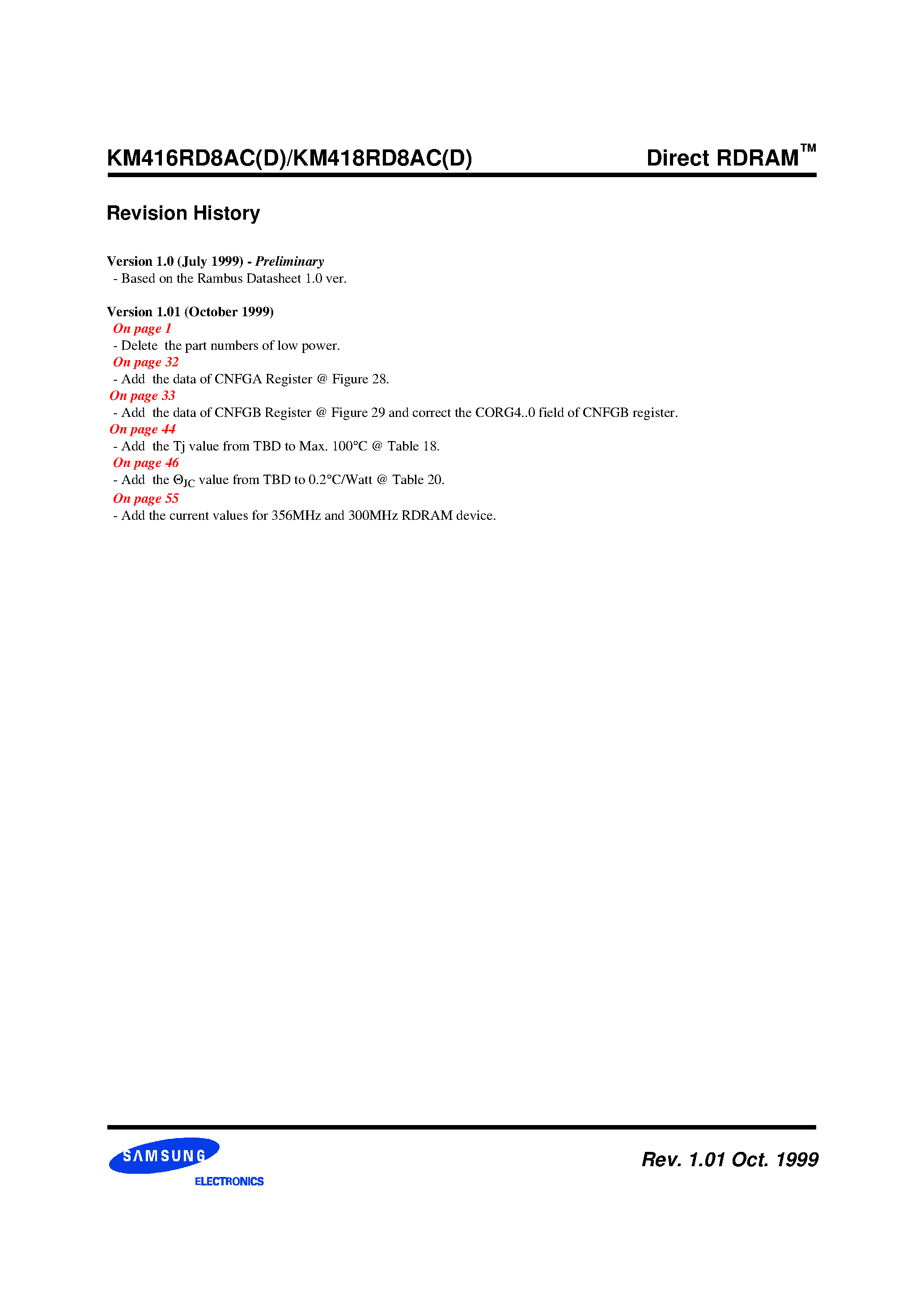 Datasheet KM418RD - 128/144Mbit RDRAM 256K x 16/18 bit x 2*16 Dependent Banks Direct RDRAMTM page 2