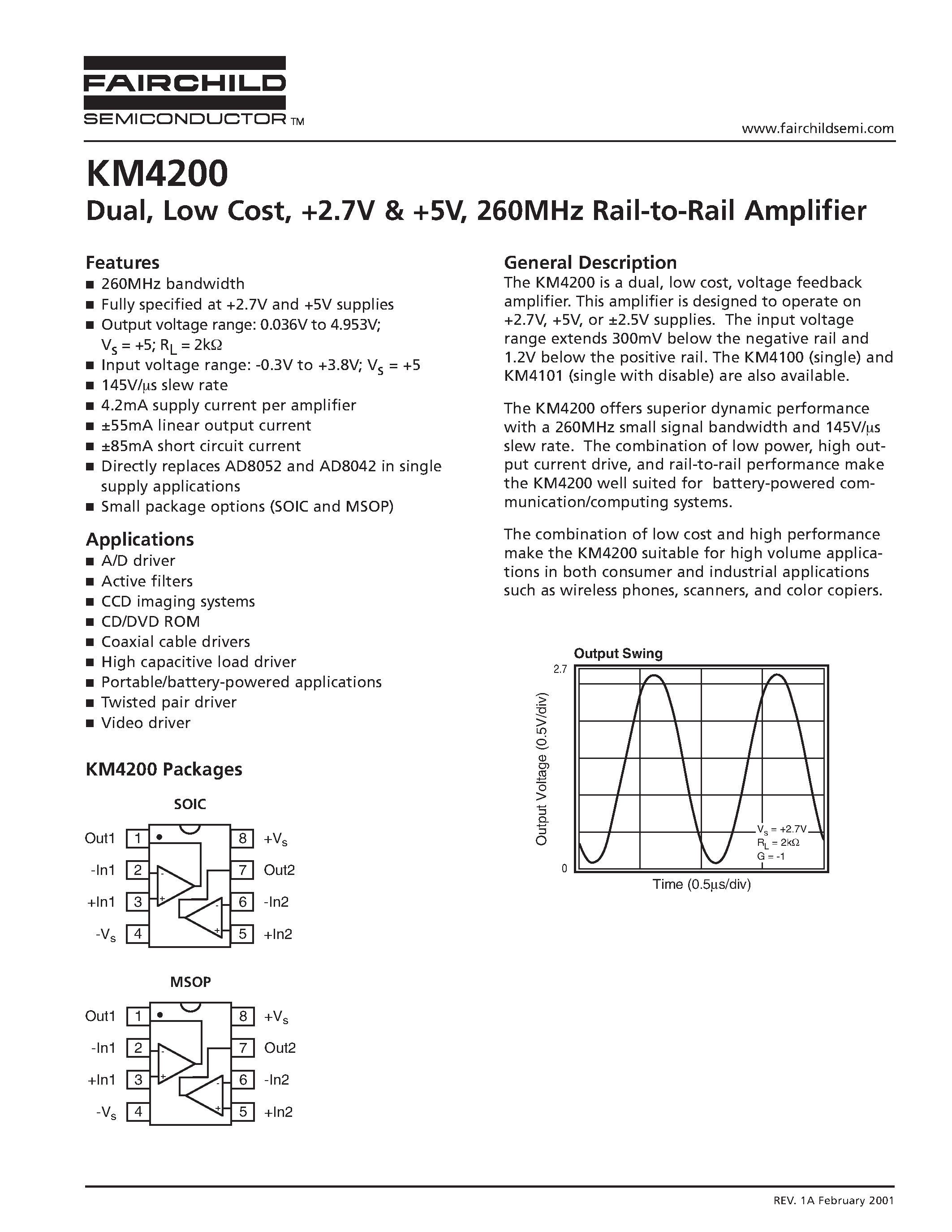 Datasheet KM4200 page 1 Datasheet KM4200 - Dual/ Low Cost/ +2.7V & +5V/ 260MHz Rail-to-Rail Amplifier page 1