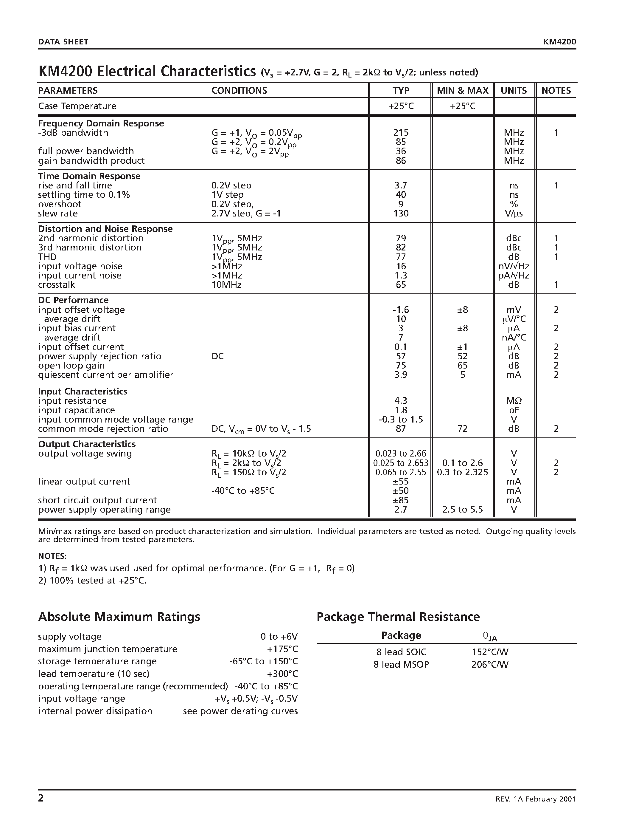 Datasheet KM4200 page 2 Datasheet KM4200 - Dual/ Low Cost/ +2.7V & +5V/ 260MHz Rail-to-Rail Amplifier page 2