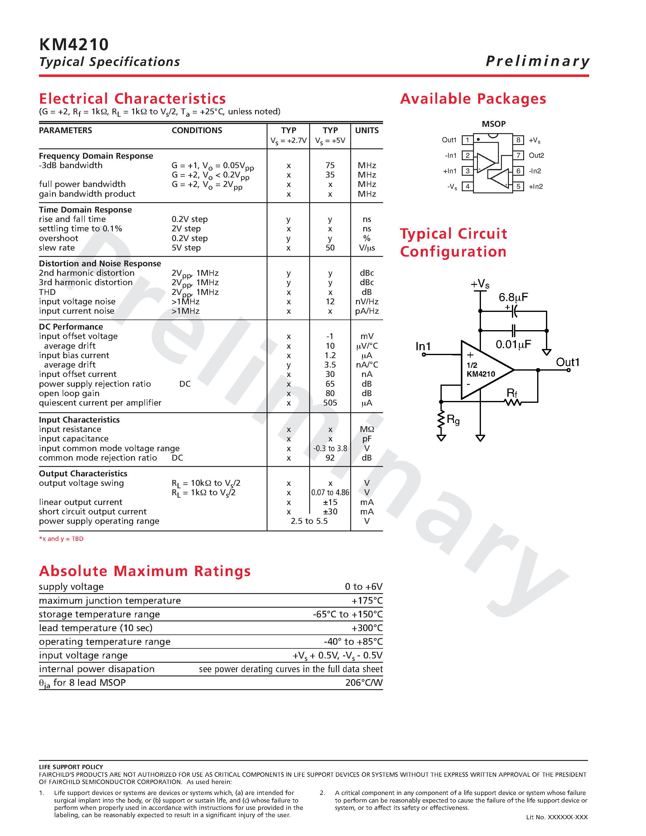 Datasheet KM4210 - Dual/ 0.5mA/ Low Cost/ +2.7V and %V/ 75MHz Rail-to-Rail Amplifier page 2