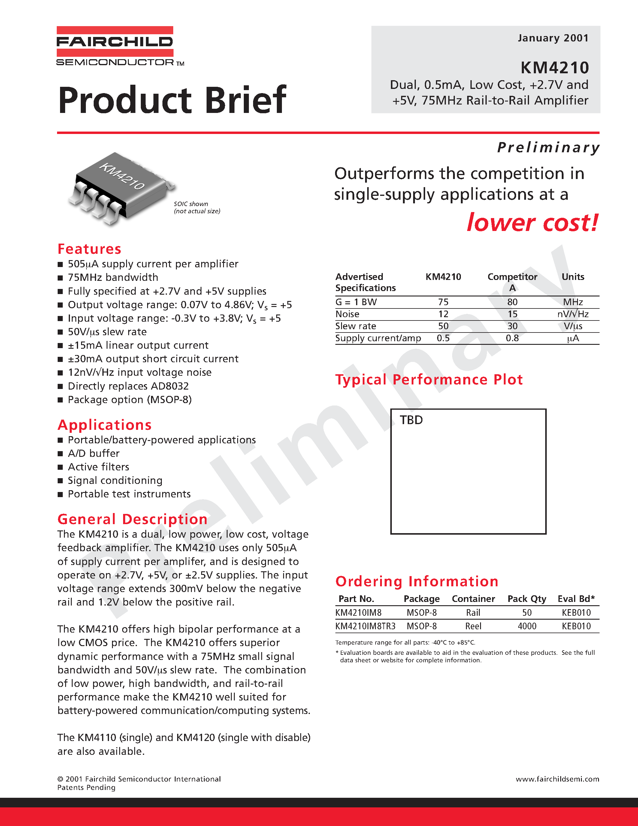 Datasheet KM4210IM8TR3 - Dual/ 0.5mA/ Low Cost/ +2.7V and %V/ 75MHz Rail-to-Rail Amplifier page 1