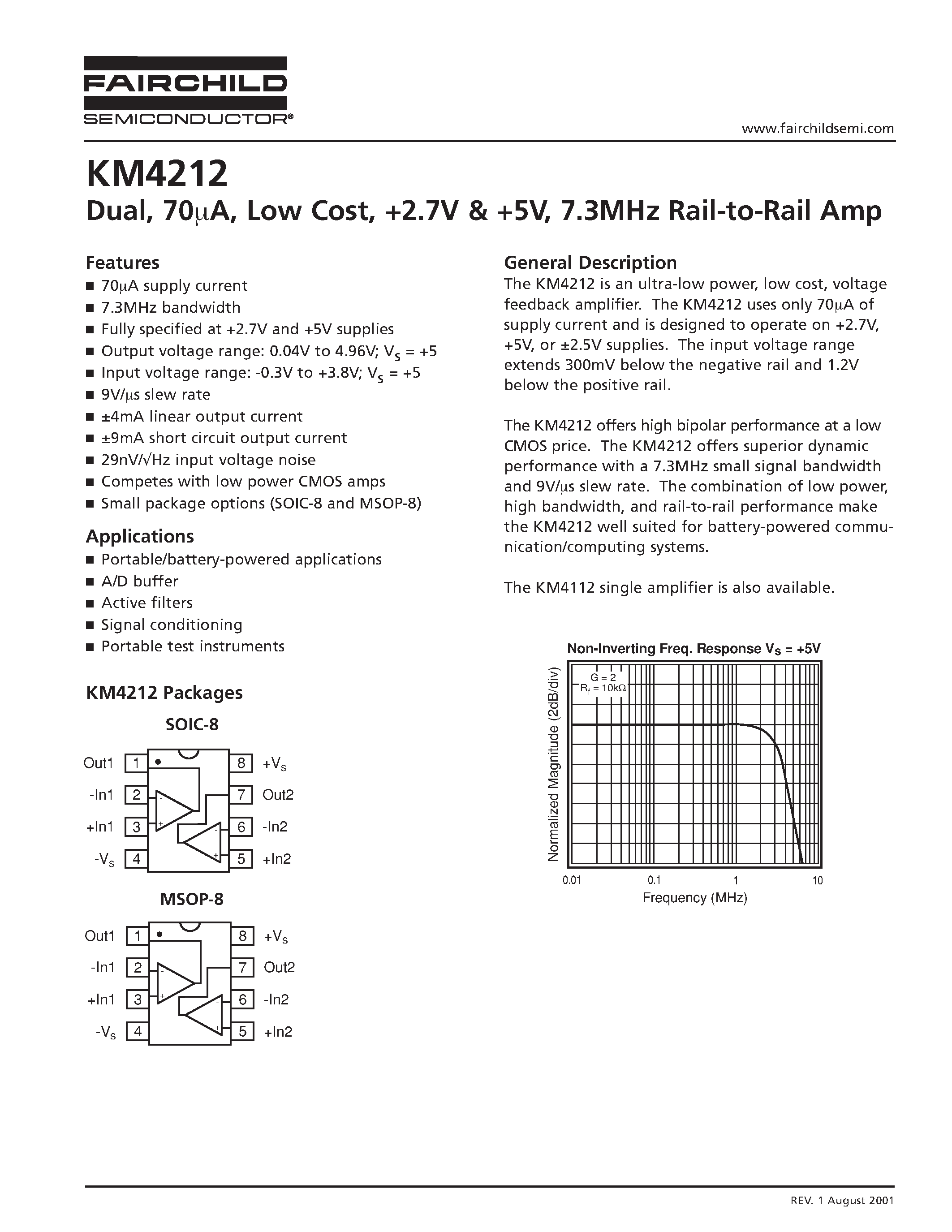 Datasheet KM4212 - Dual/ 70A/ Low Cost/ +2.7V & +5V/ 7.3MHz Rail-to-Rail Amp page 1