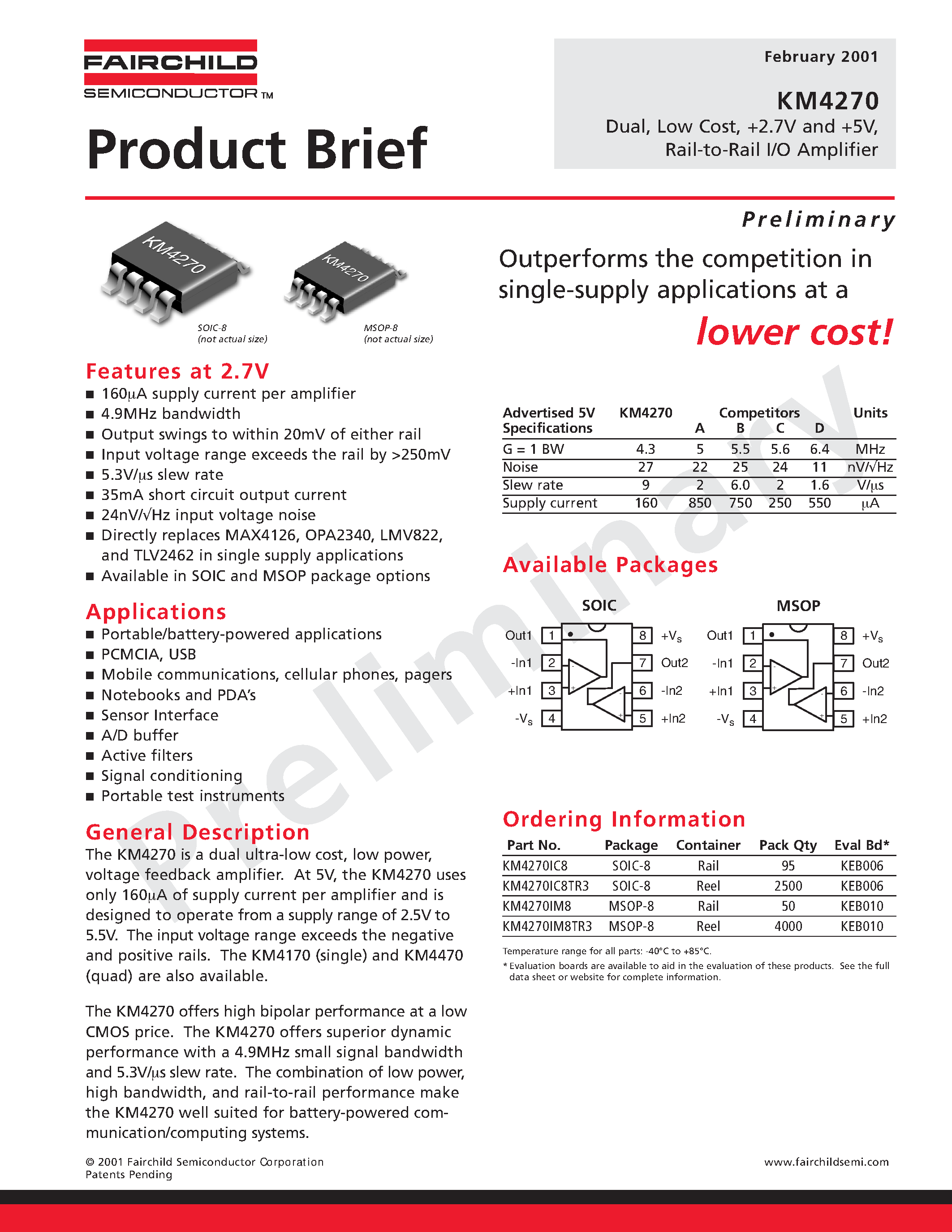 Datasheet KM4270 page 1 Datasheet KM4270 - Low Cost/ +2.7V & +5V/ Rail-to-Rail I/O Amplifiers page 1
