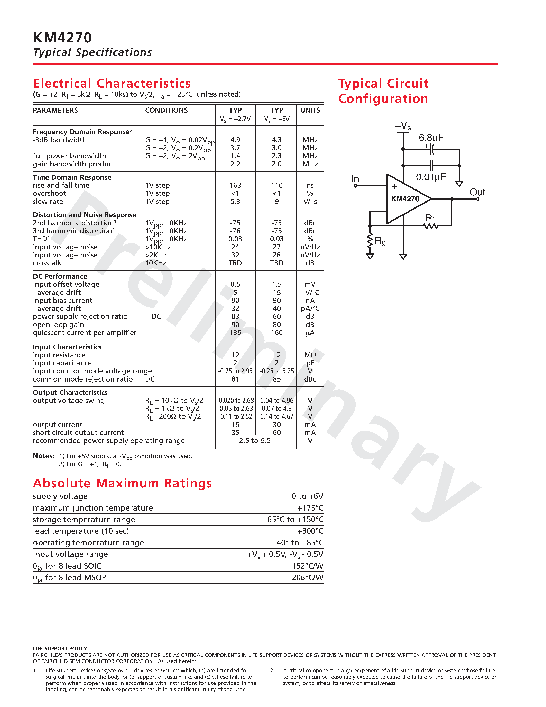 Datasheet KM4270IC8 - Dual/ Low Cost/ +2.7V and +5V/ Rail-to-Rail I/O Amplifier page 2