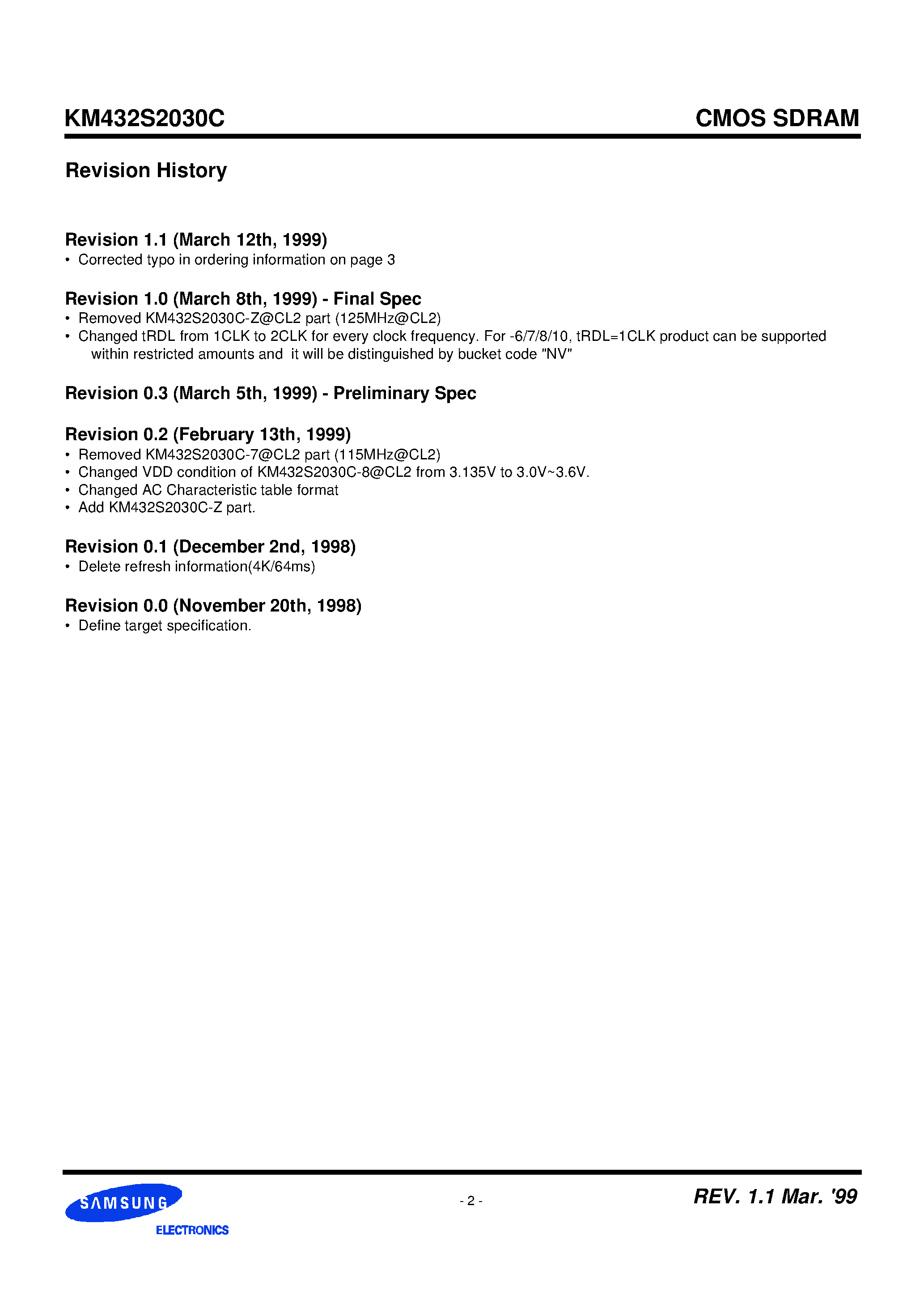 Datasheet KM432S2030C page 2 Datasheet KM432S2030C - 2M x 32 SDRAM 512K x 32bit x 4 Banks Synchronous DRAM LVTTL page 2
