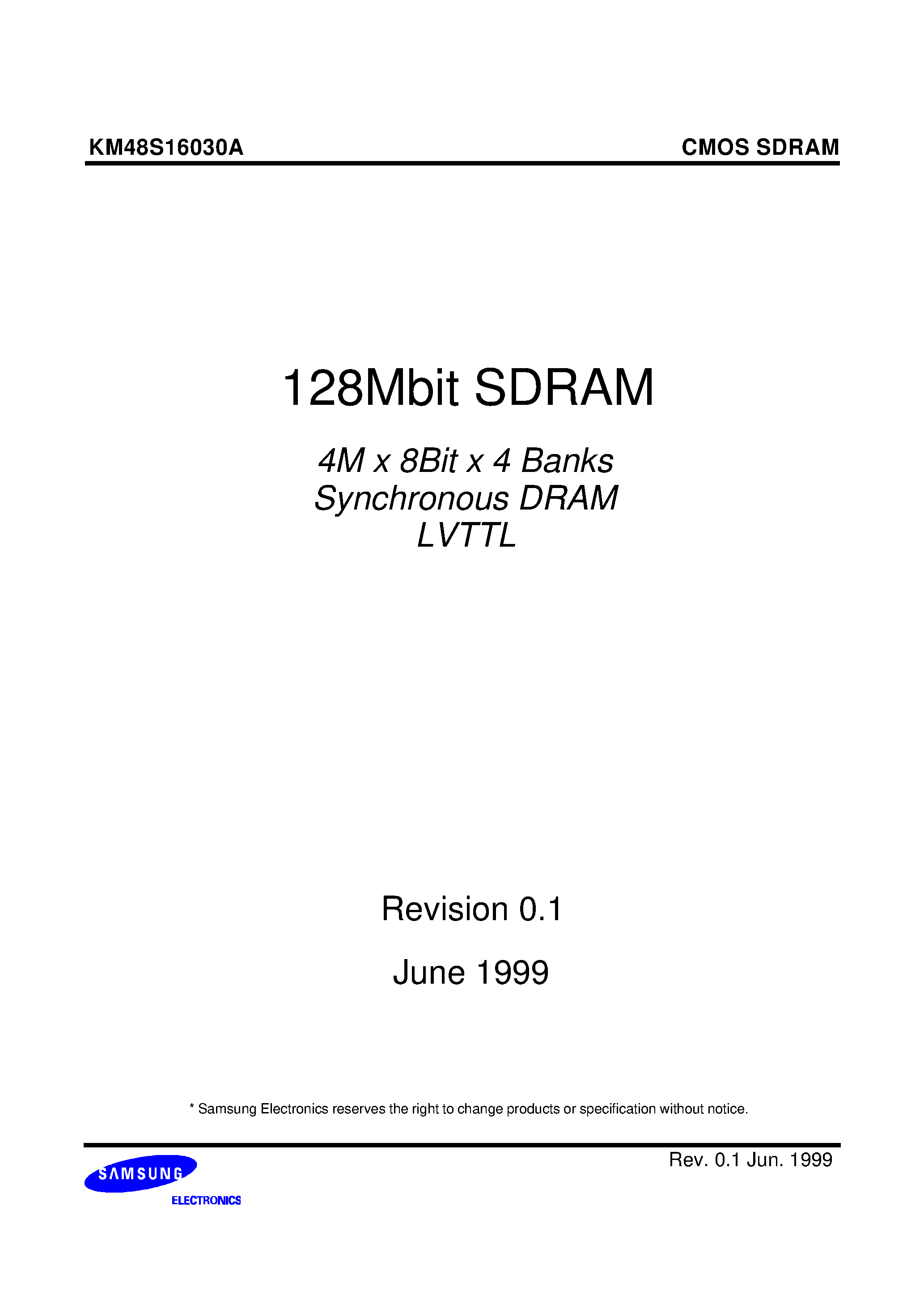 Datasheet KM48S16030A - 128Mbit SDRAM 4M x 8Bit x 4 Banks Synchronous DRAM LVTTL page 1