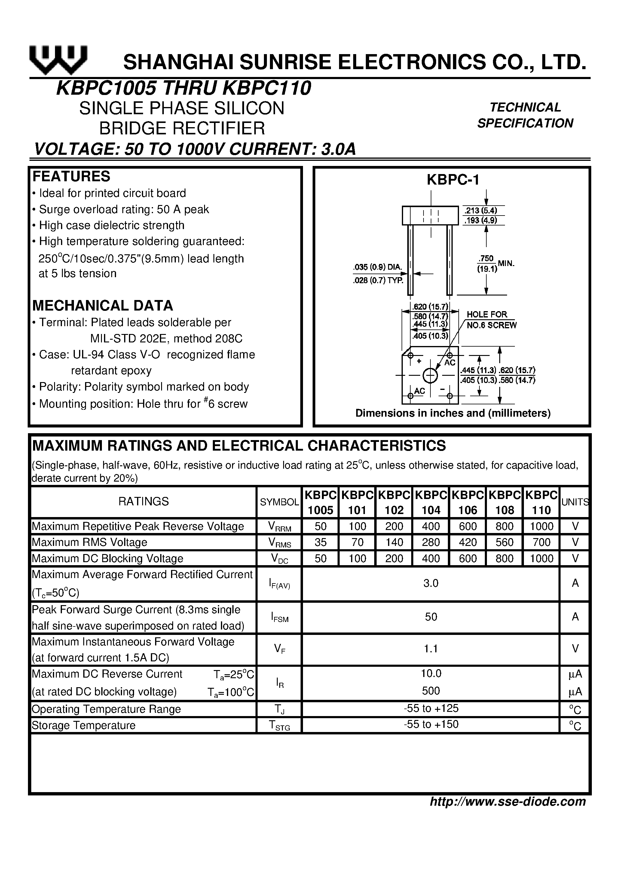 Datasheet KBPC1005 page 1 Datasheet KBPC1005 - SINGLE PHASE SILICON BRIDGE RECTIFIER page 1