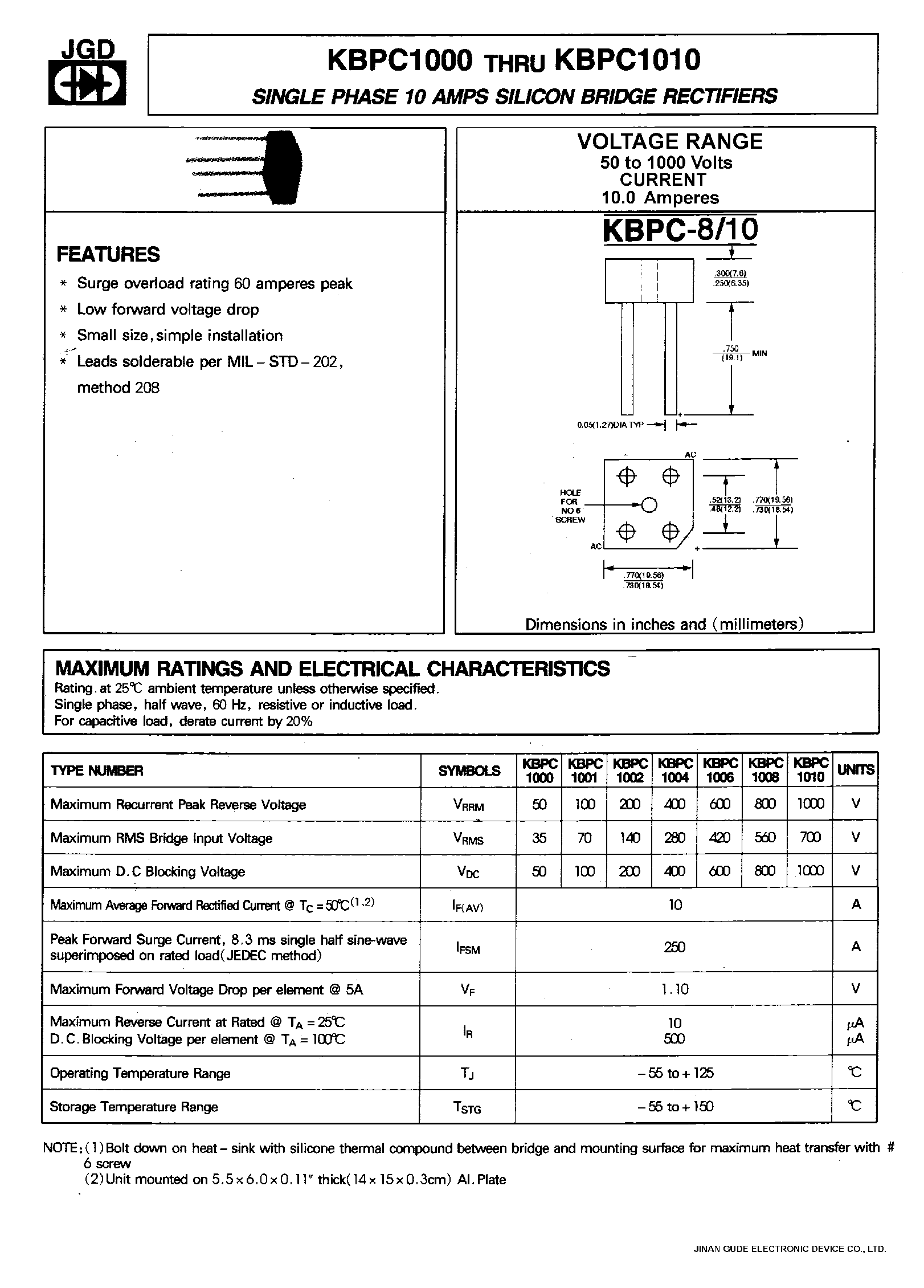Datasheet KBPC1006 - SINGLE PHASE 10 AMPS. SILICON BRIDGE RECTIFIERS page 1