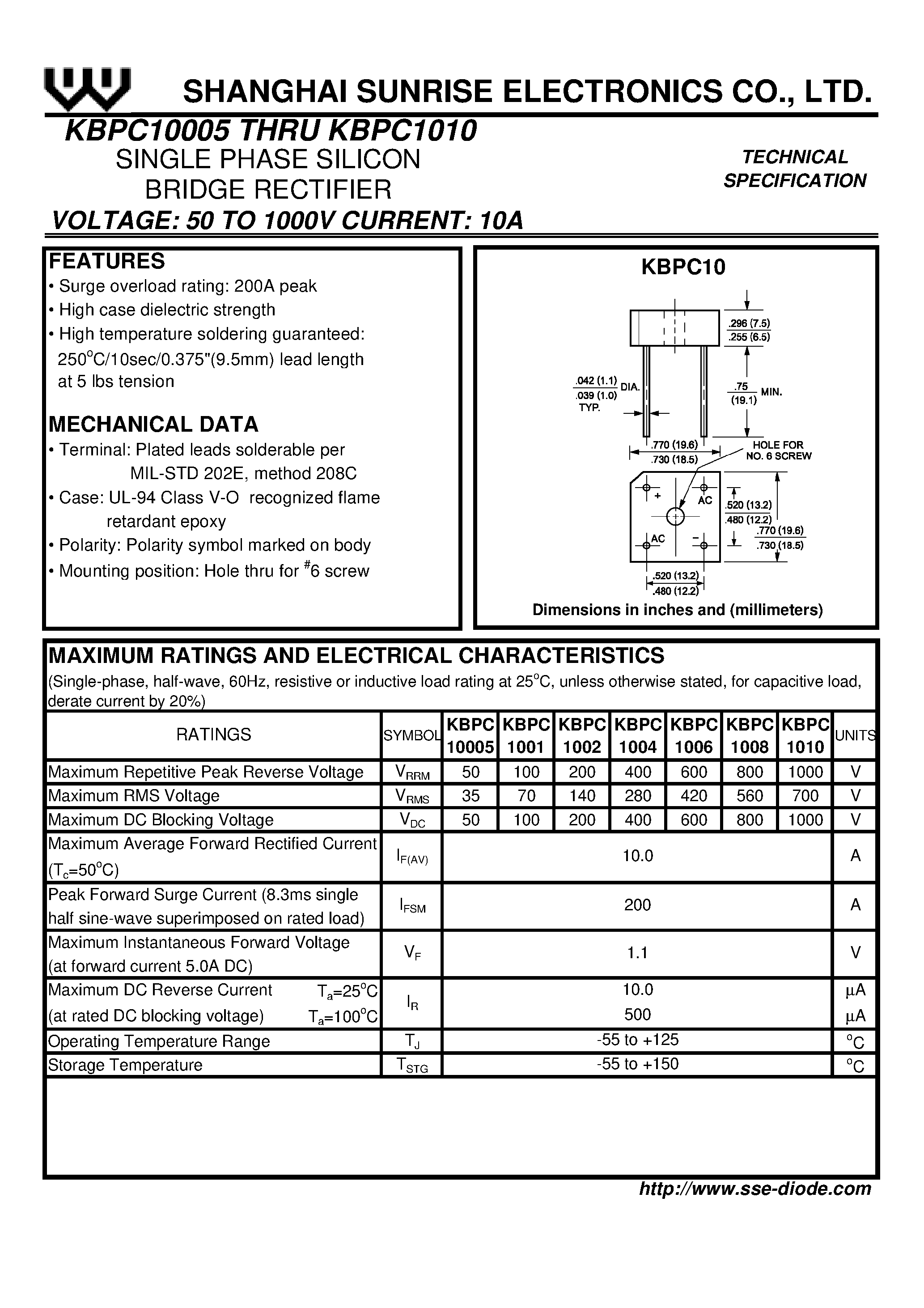 Datasheet KBPC1006 page 1 Datasheet KBPC1006 - SINGLE PHASE SILICON BRIDGE RECTIFIER page 1
