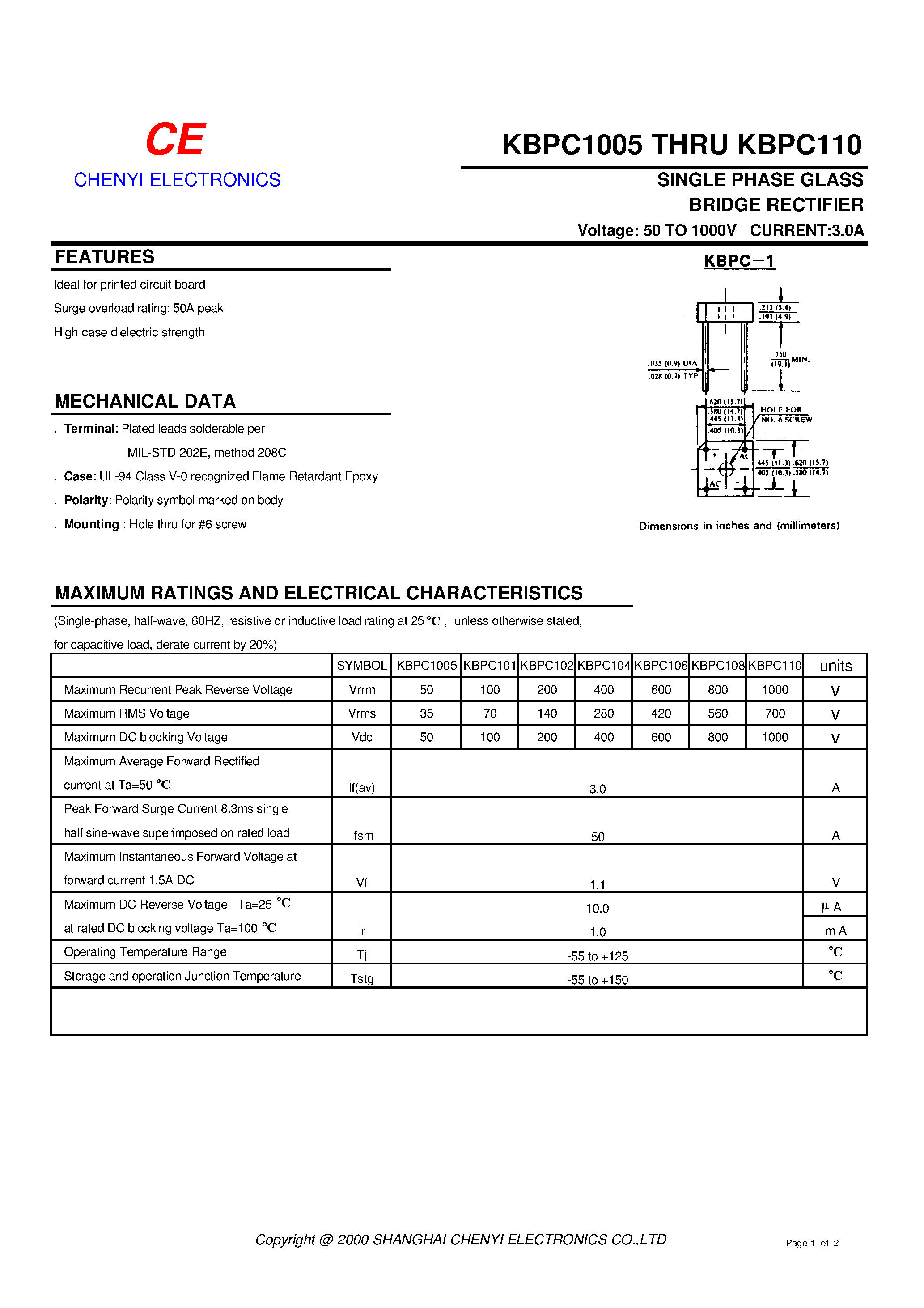 Datasheet KBPC101 - SINGLE PHASE GLASS BRIDGE RECTIFIER page 1