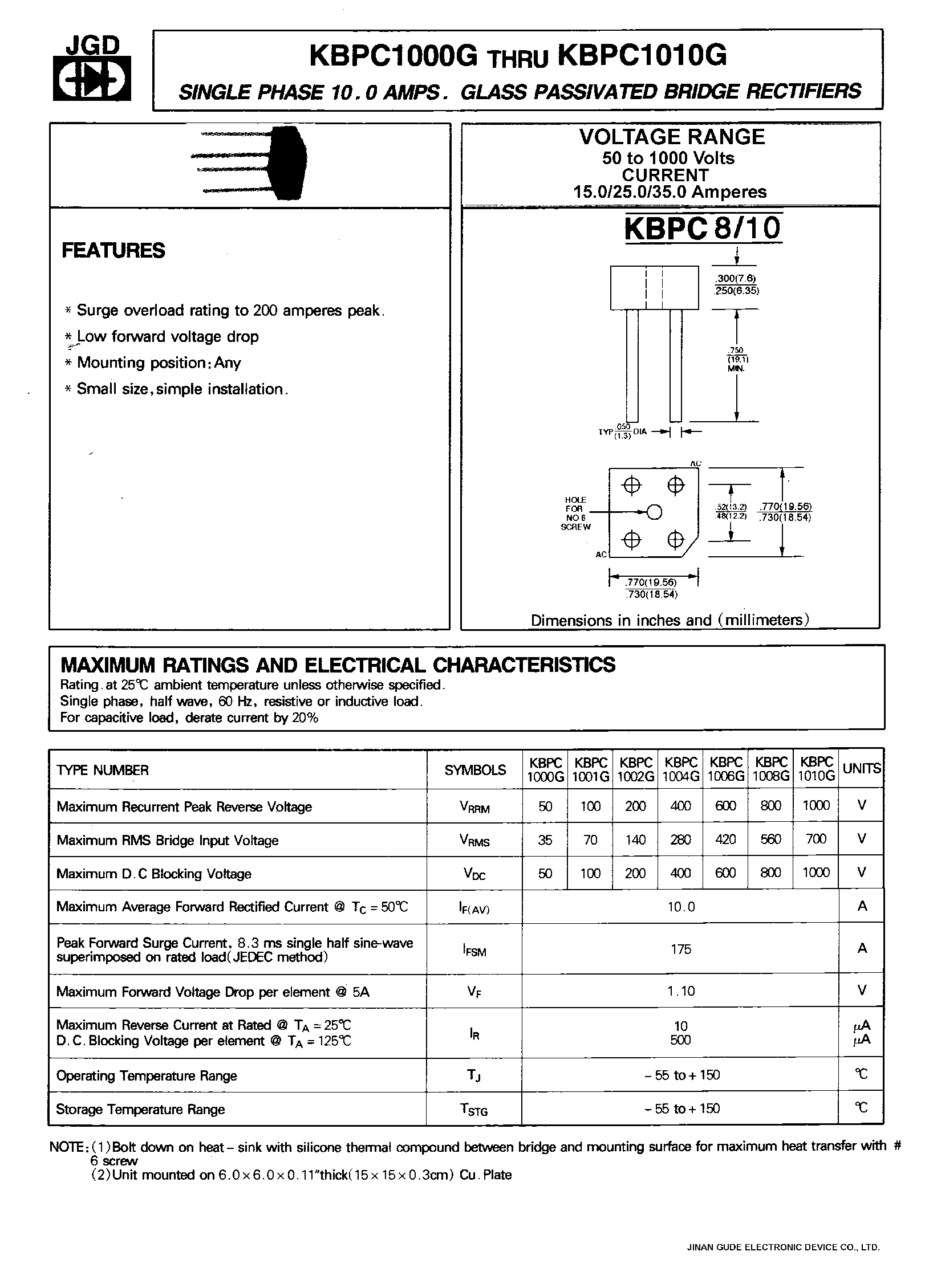 Datasheet KBPC1010G page 1 Datasheet KBPC1010G - SINGLE PHASE 10.0 AMPS. GLASS PASSIVATED BRIDGE RECTIFIERS page 1