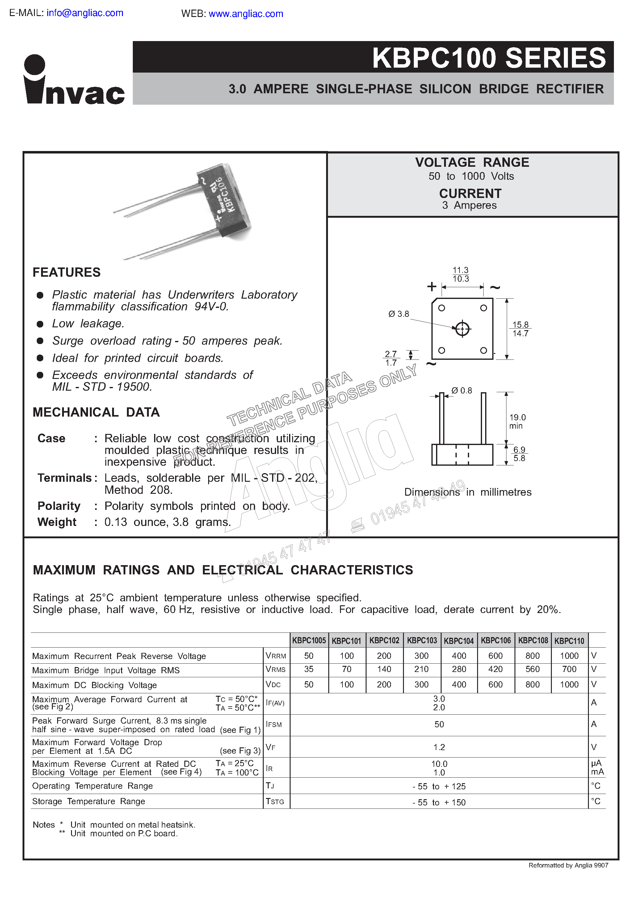 Datasheet KBPC106 - 3.0 AMPERE SINGLE-PHASE SILICON BRIDGE RECTIFIER page 1