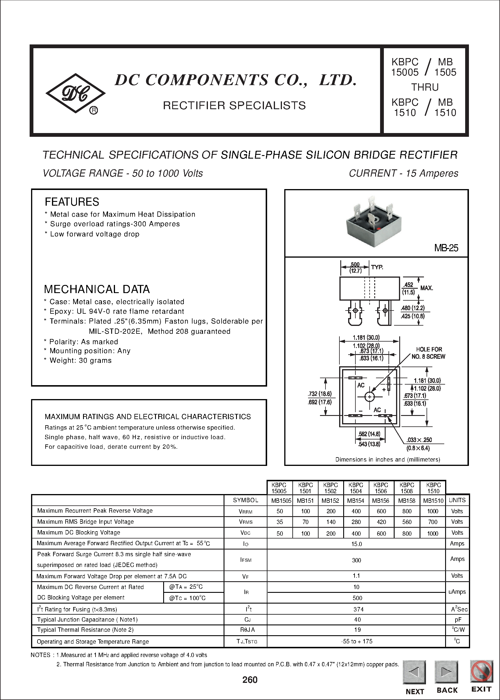 Datasheet KBPC15005 - TECHNICAL SPECIFICATIONS OF SINGLE-PHASE SILICON BRIDGE RECTIFIER page 1