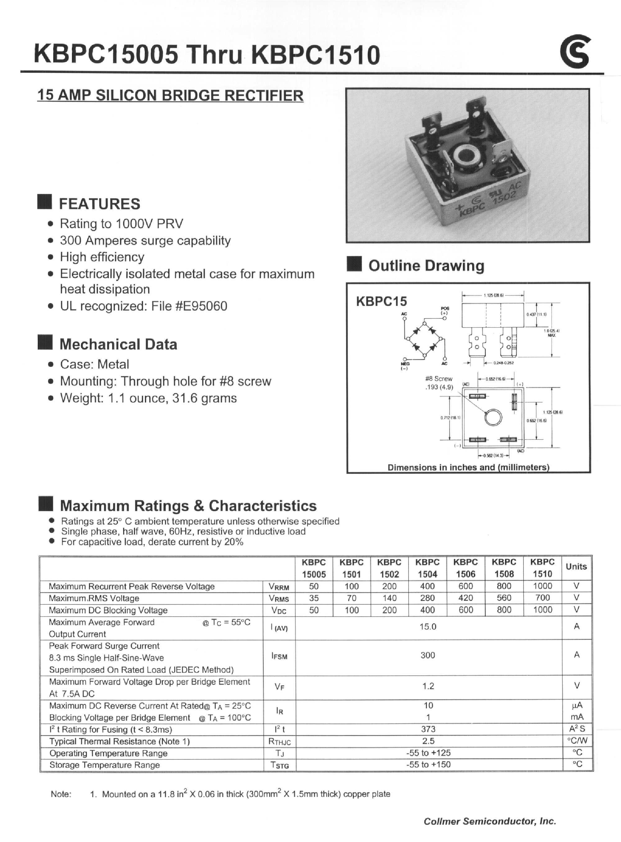 Datasheet KBPC15005 - 15 AMP SILICON BRIDGE RECTIFIER page 1