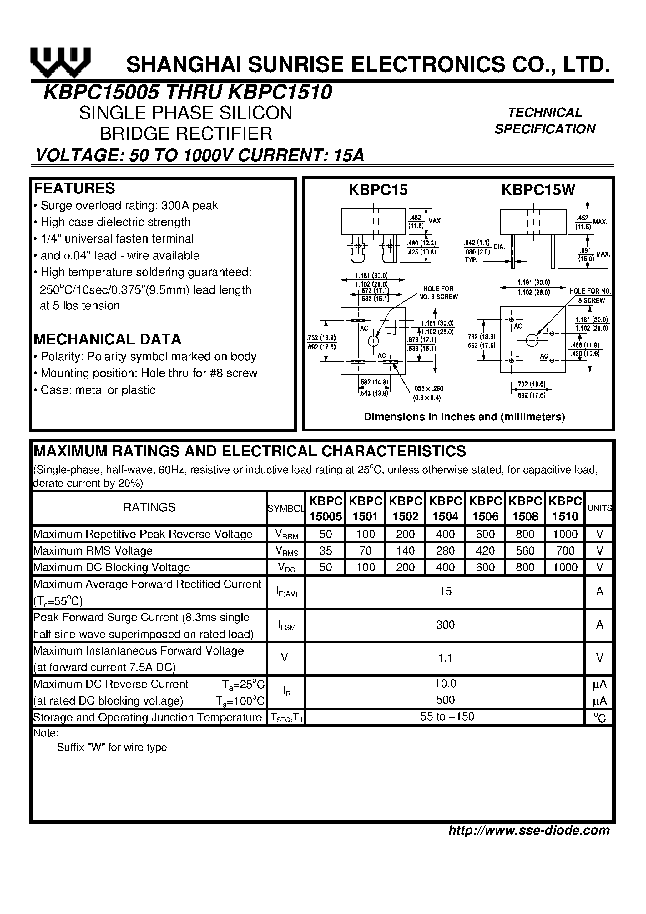 Datasheet KBPC1508 page 1 Datasheet KBPC1508 - SINGLE PHASE SILICON BRIDGE RECTIFIER page 1