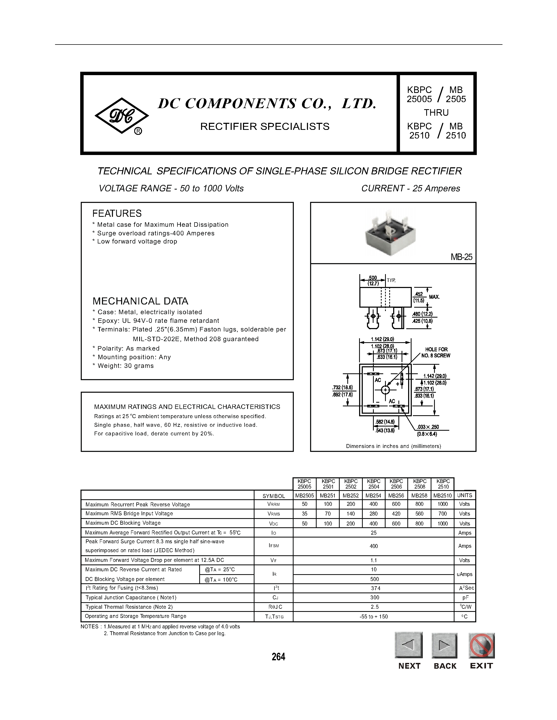 Datasheet KBPC25005 page 1 Datasheet KBPC25005 - TECHNICAL SPECIFICATIONS OF SINGLE-PHASE SILICON BRIDGE RECTIFIER page 1