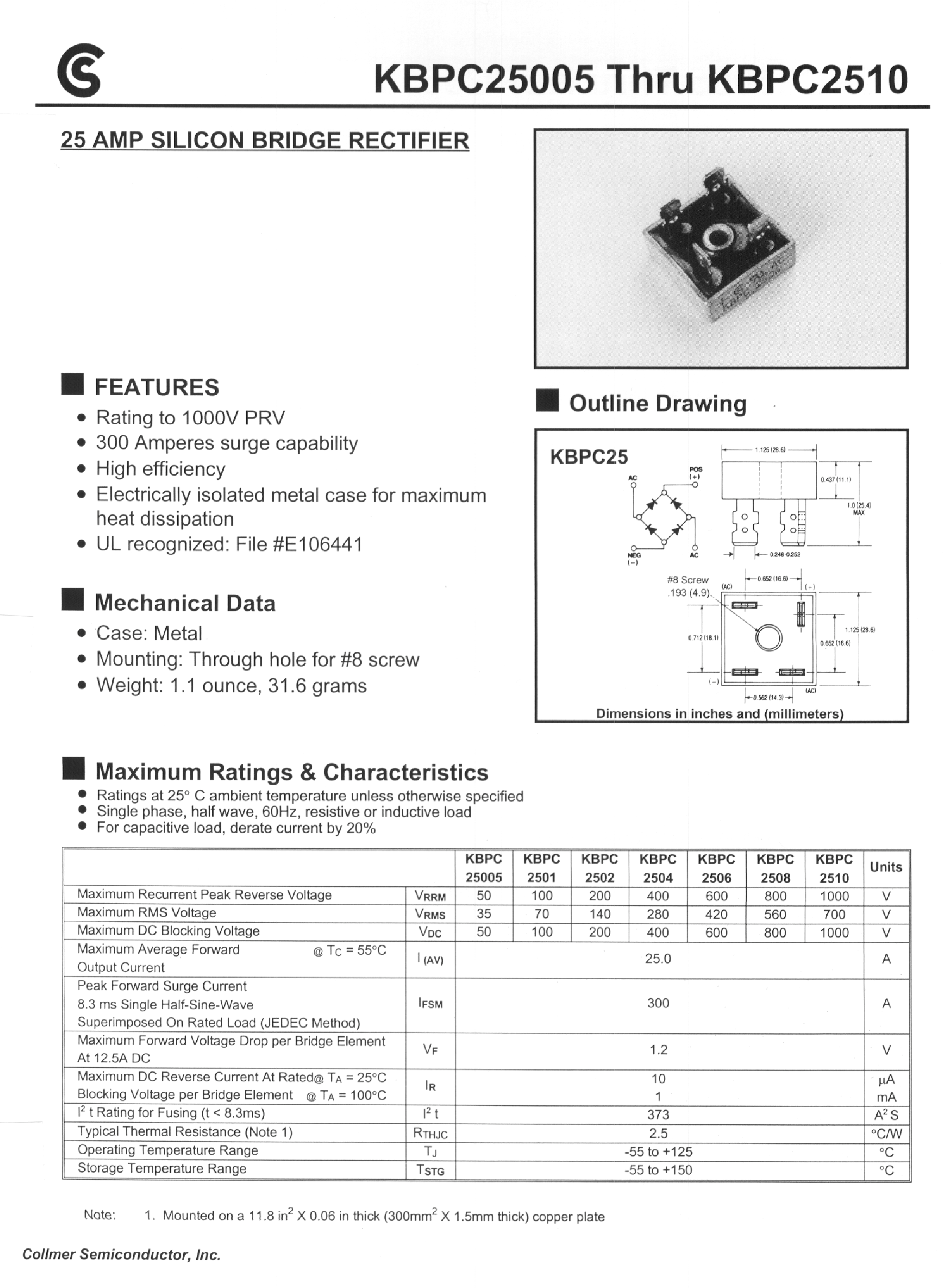 Datasheet KBPC25005 page 1 Datasheet KBPC25005 - 25 AMP SILICON BRIDGE RECTIFIER page 1