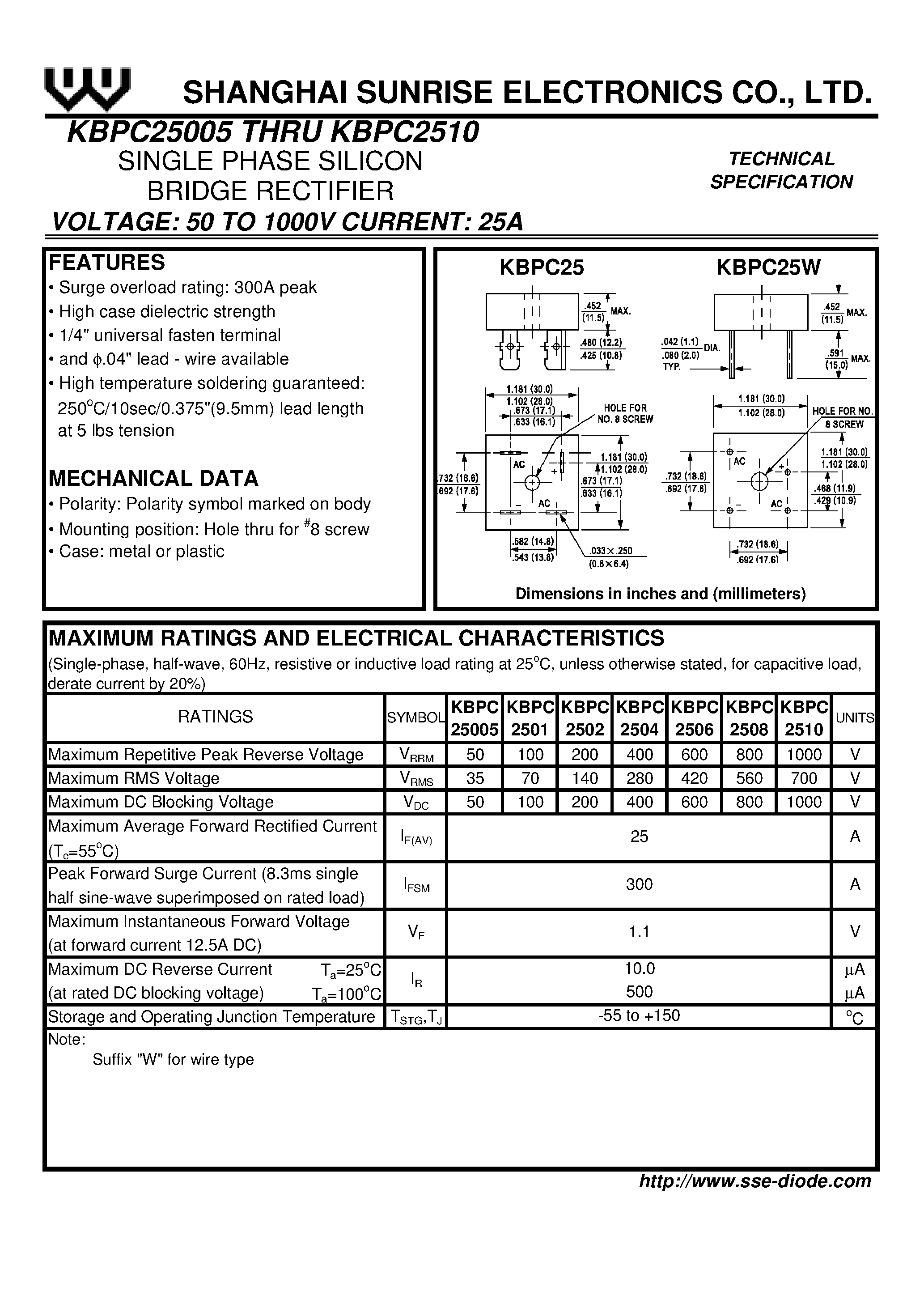 Datasheet KBPC2502 page 1 Datasheet KBPC2502 - SINGLE PHASE SILICON BRIDGE RECTIFIER page 1