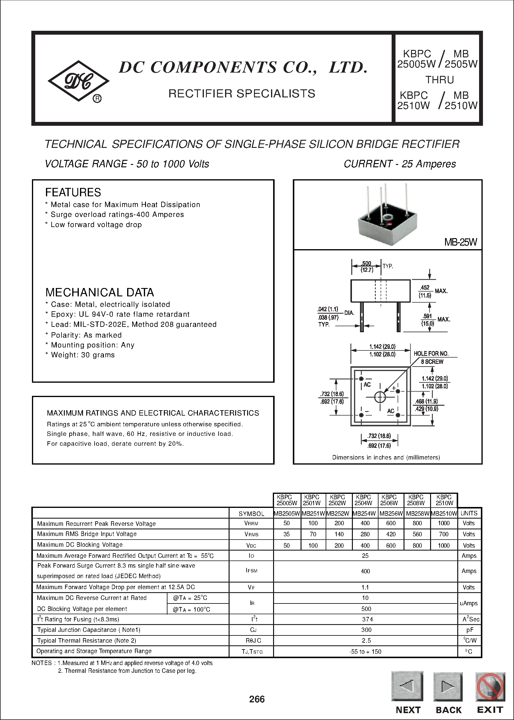Даташит KBPC2510W - TECHNICAL SPECIFICATIONS OF SINGLE-PHASE SILICON BRIDGE RECTIFIER страница 1