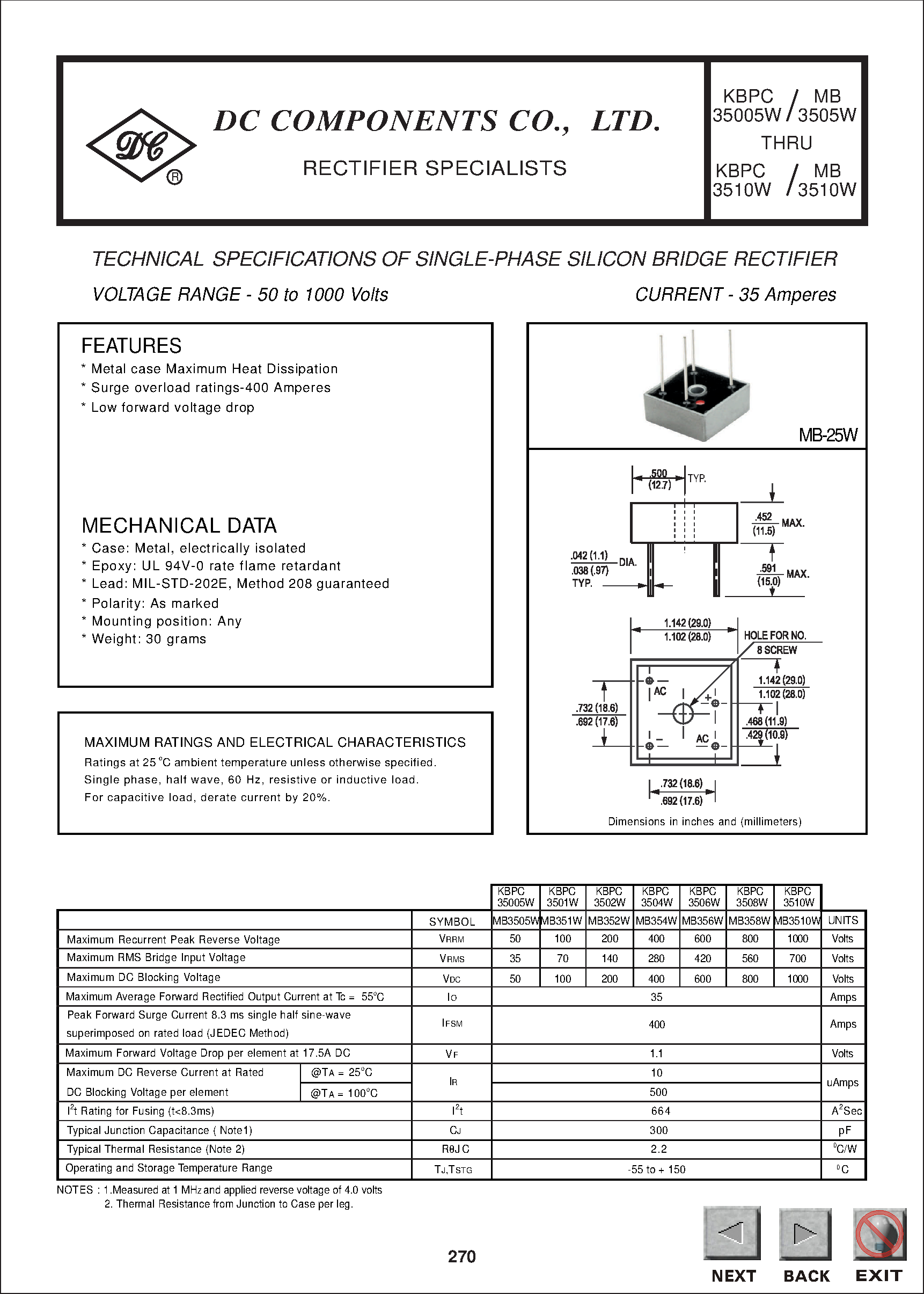 Datasheet KBPC3005W - TECHNICAL SPECIFICATIONS OF SINGLE-PHASE SILICON BRIDGE RECTIFIER page 1