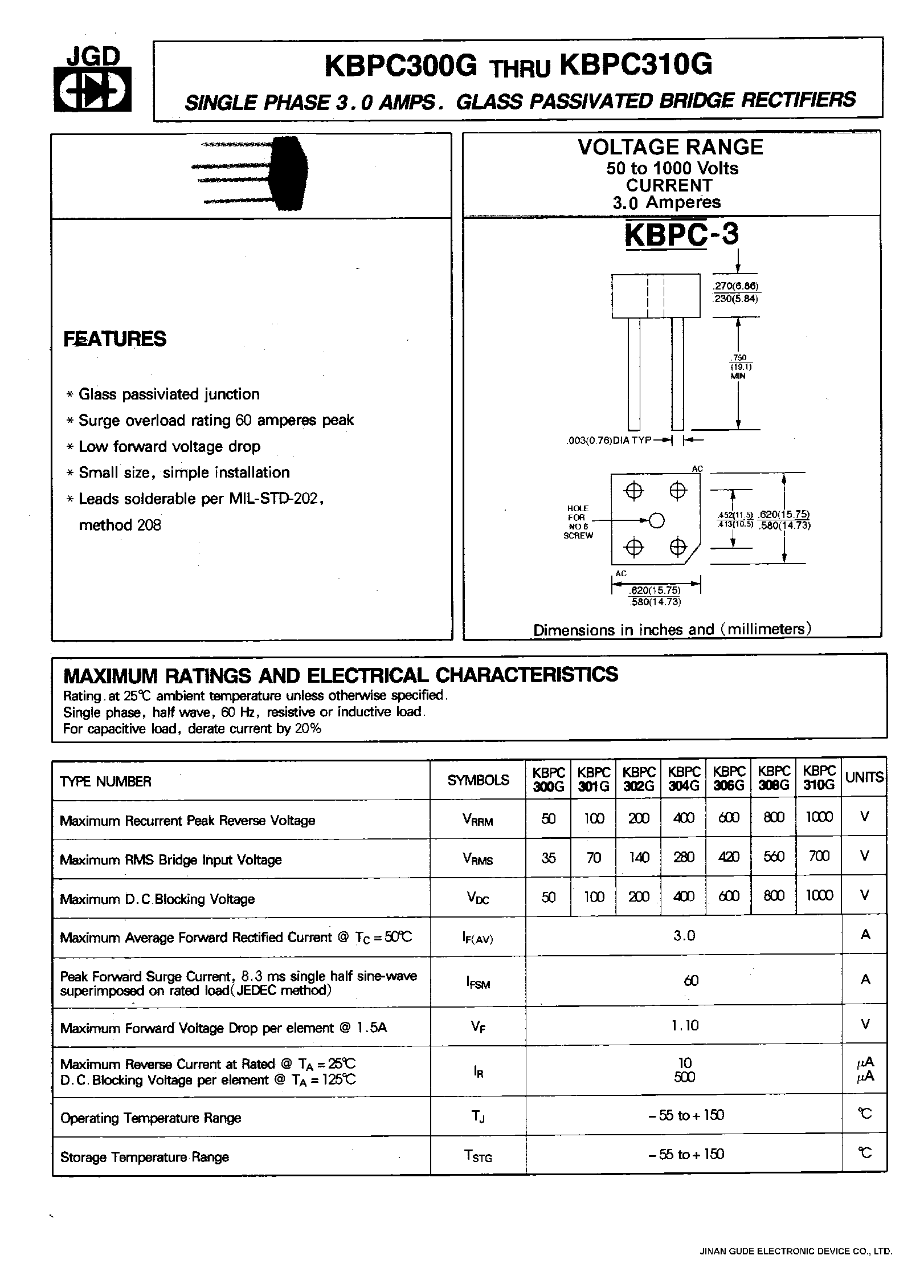 Datasheet KBPC300G - SINGLE PHASE 3.0 AMPS. GLASS PASSIVATED BRIDGE RECTIFIERS page 1