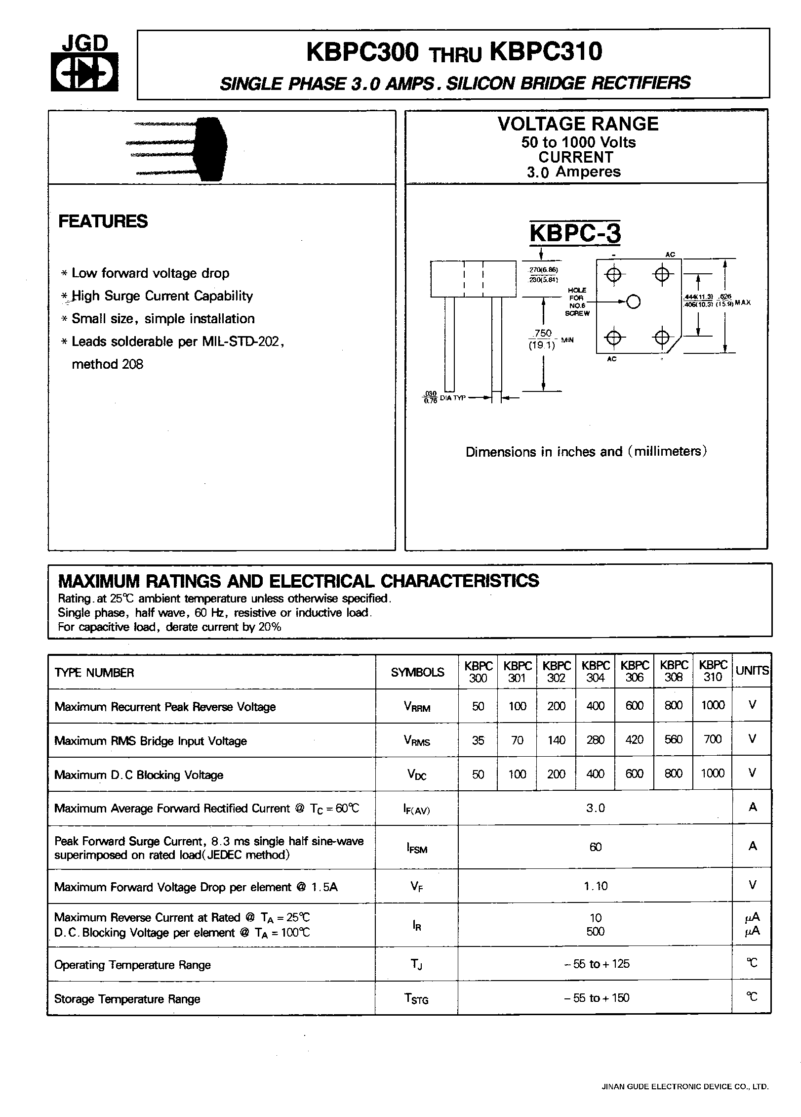 Datasheet KBPC304 - SINGLE PHASE 3.0 AMPS. SILICON BRIDGE RECTIFIERS page 1