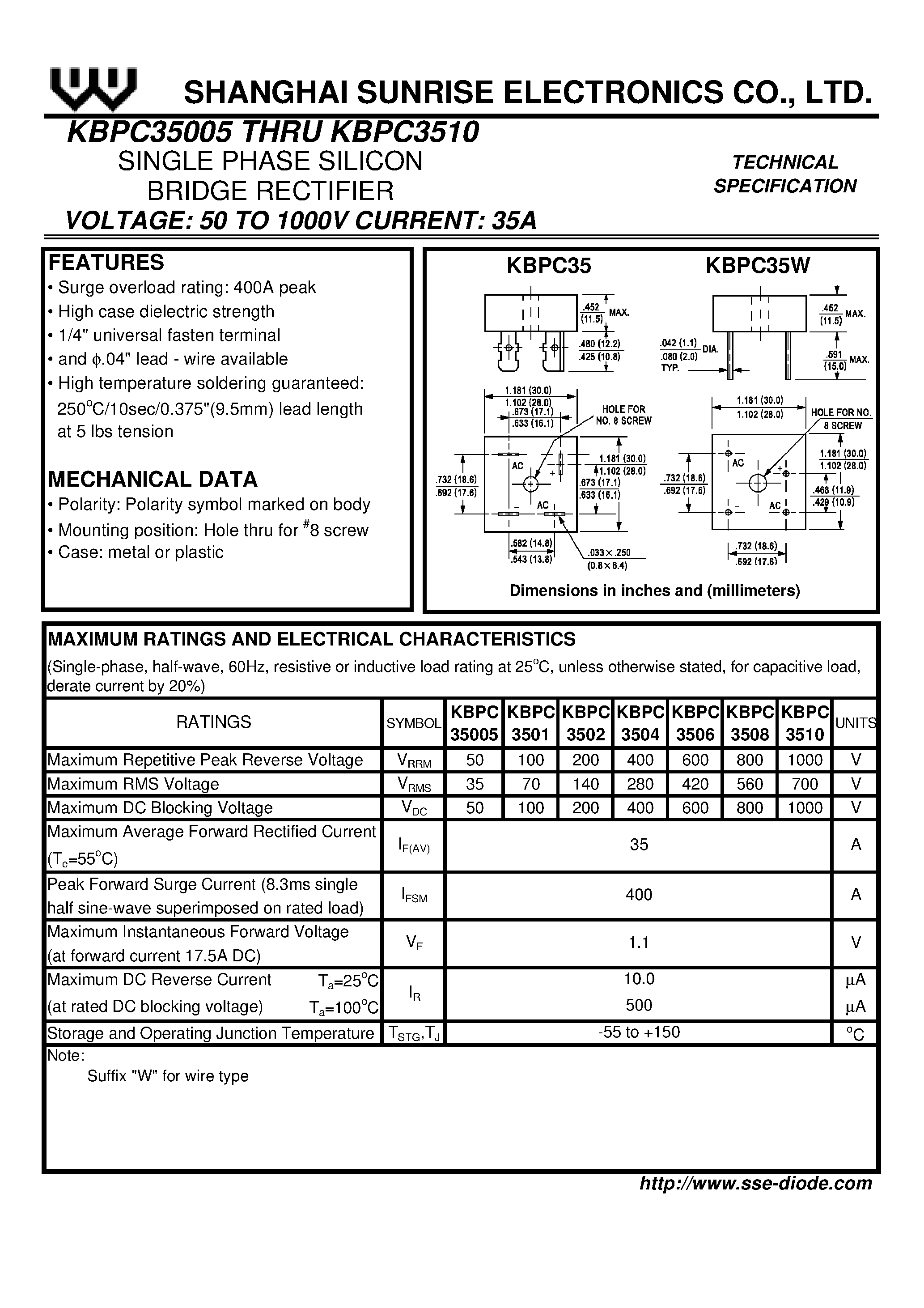 Datasheet KBPC35005 page 1 Datasheet KBPC35005 - SINGLE PHASE SILICON BRIDGE RECTIFIER page 1