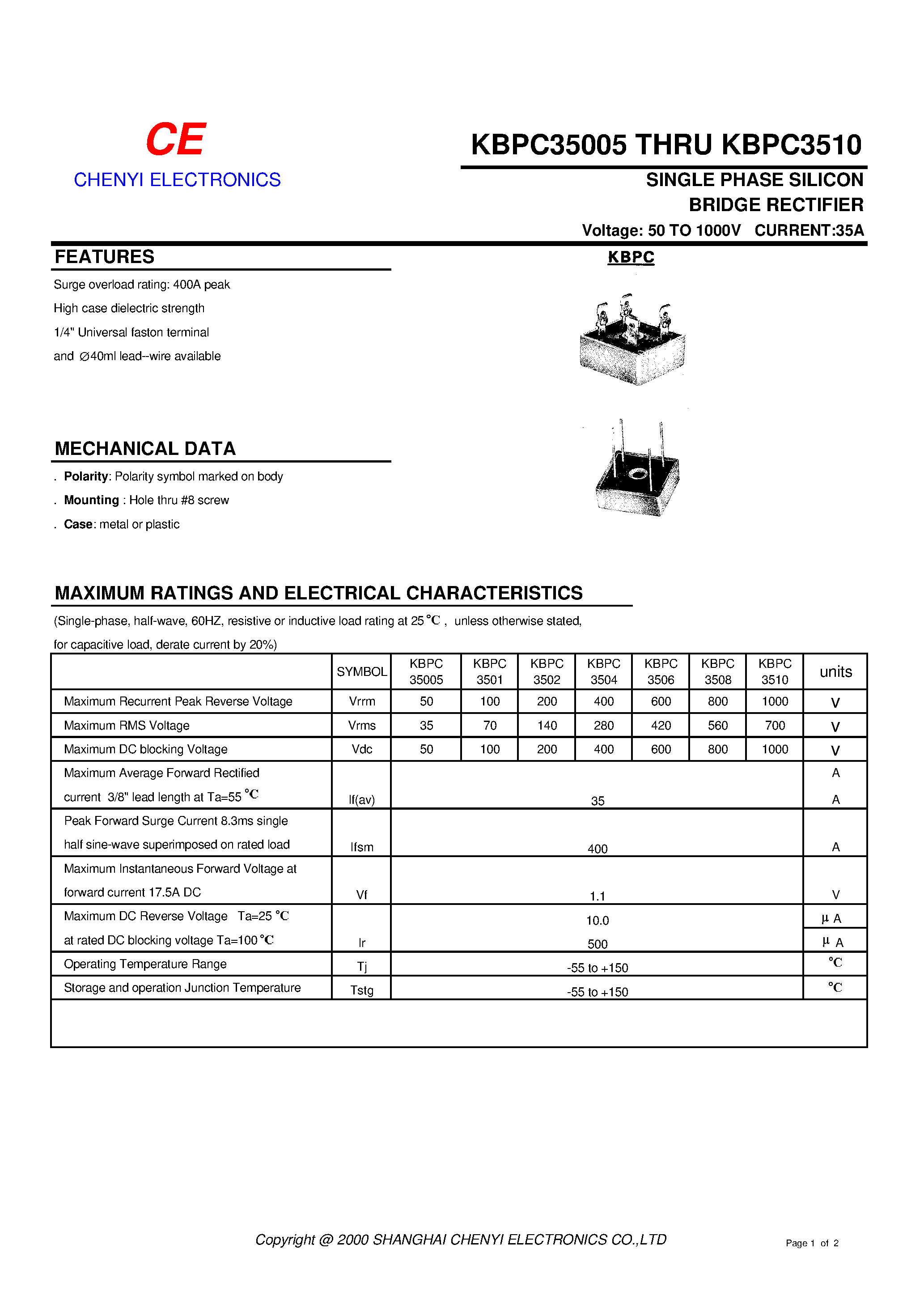 Datasheet KBPC35005 - SINGLE PHASE SILICON BRIDGE RECTIFIER page 1