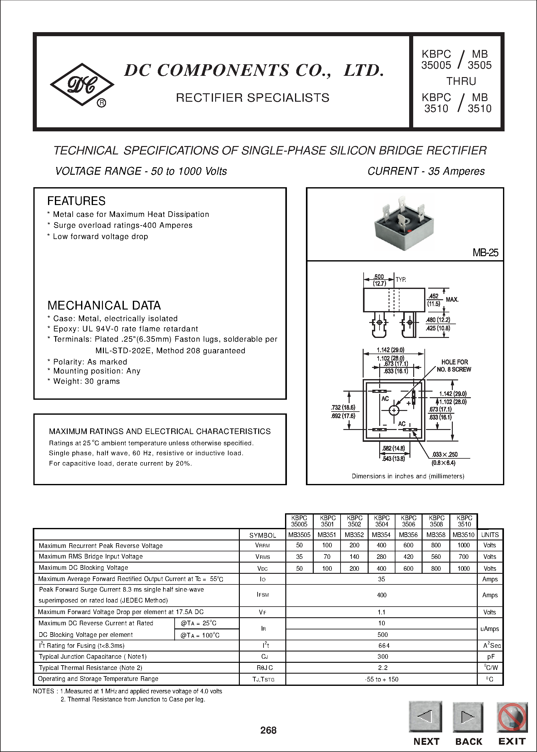 Datasheet KBPC35005 page 1 Datasheet KBPC35005 - TECHNICAL SPECIFICATIONS OF SINGLE-PHASE SILICON BRIDGE RECTIFIER page 1