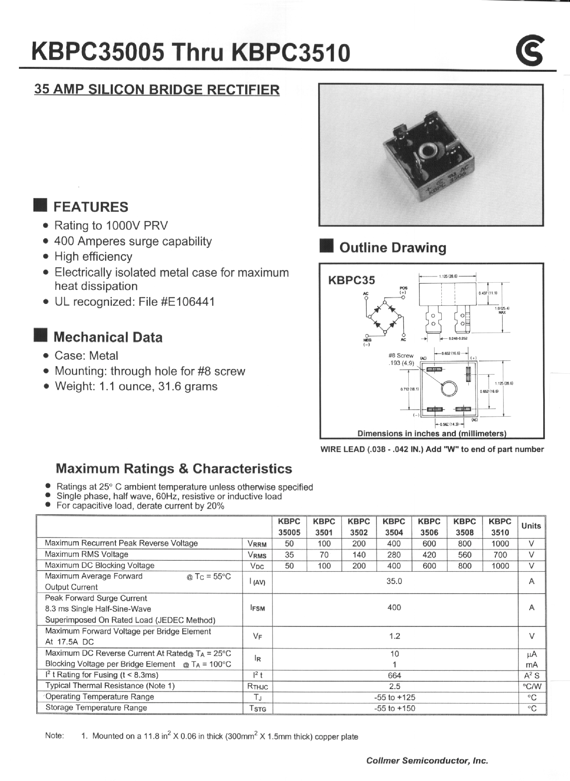 Datasheet KBPC3502 page 1 Datasheet KBPC3502 - 35 AMP SILICON BRIDGE RECTIFIER page 1