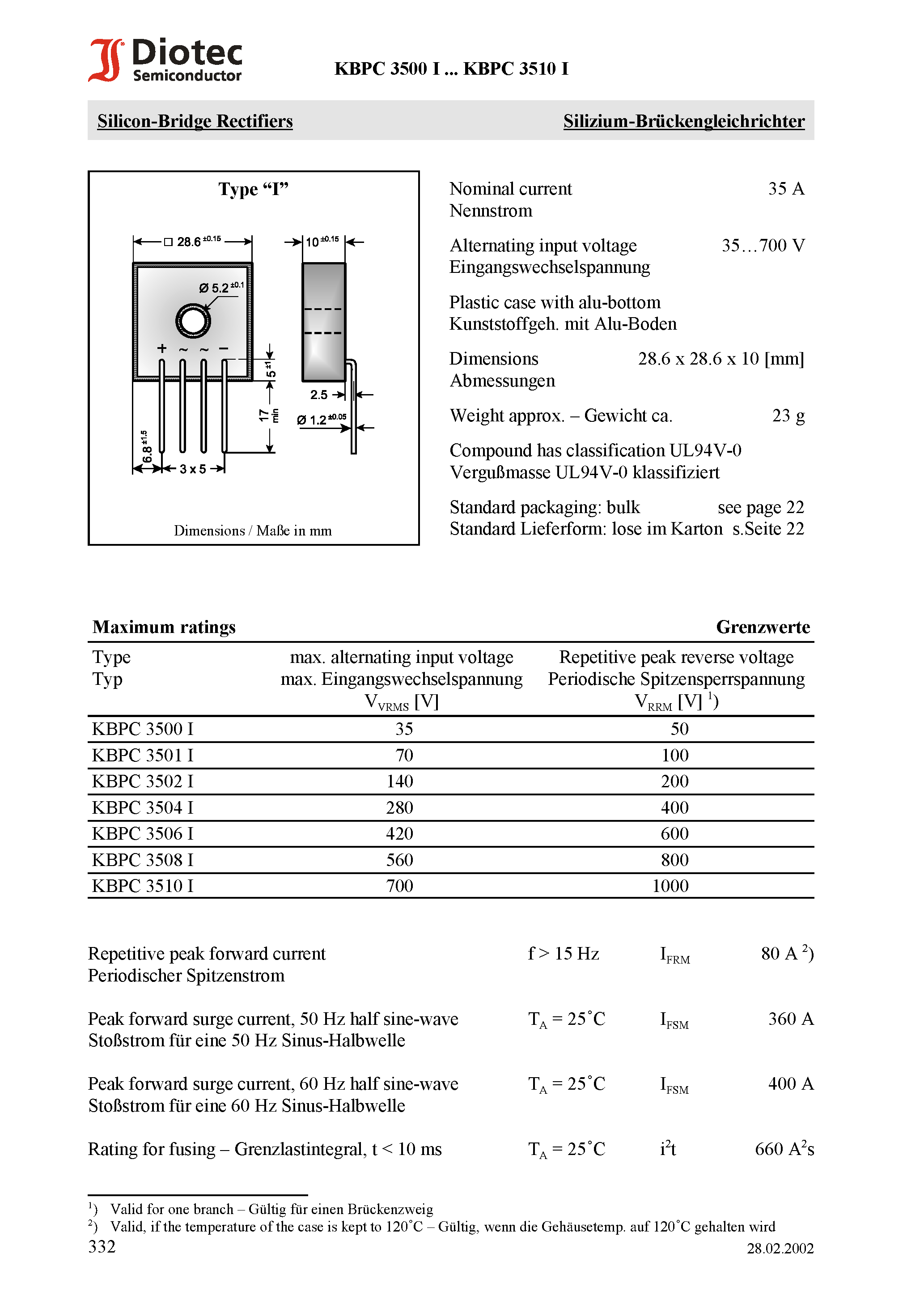 Datasheet KBPC3510I - Silicon-Bridge Rectifiers page 1