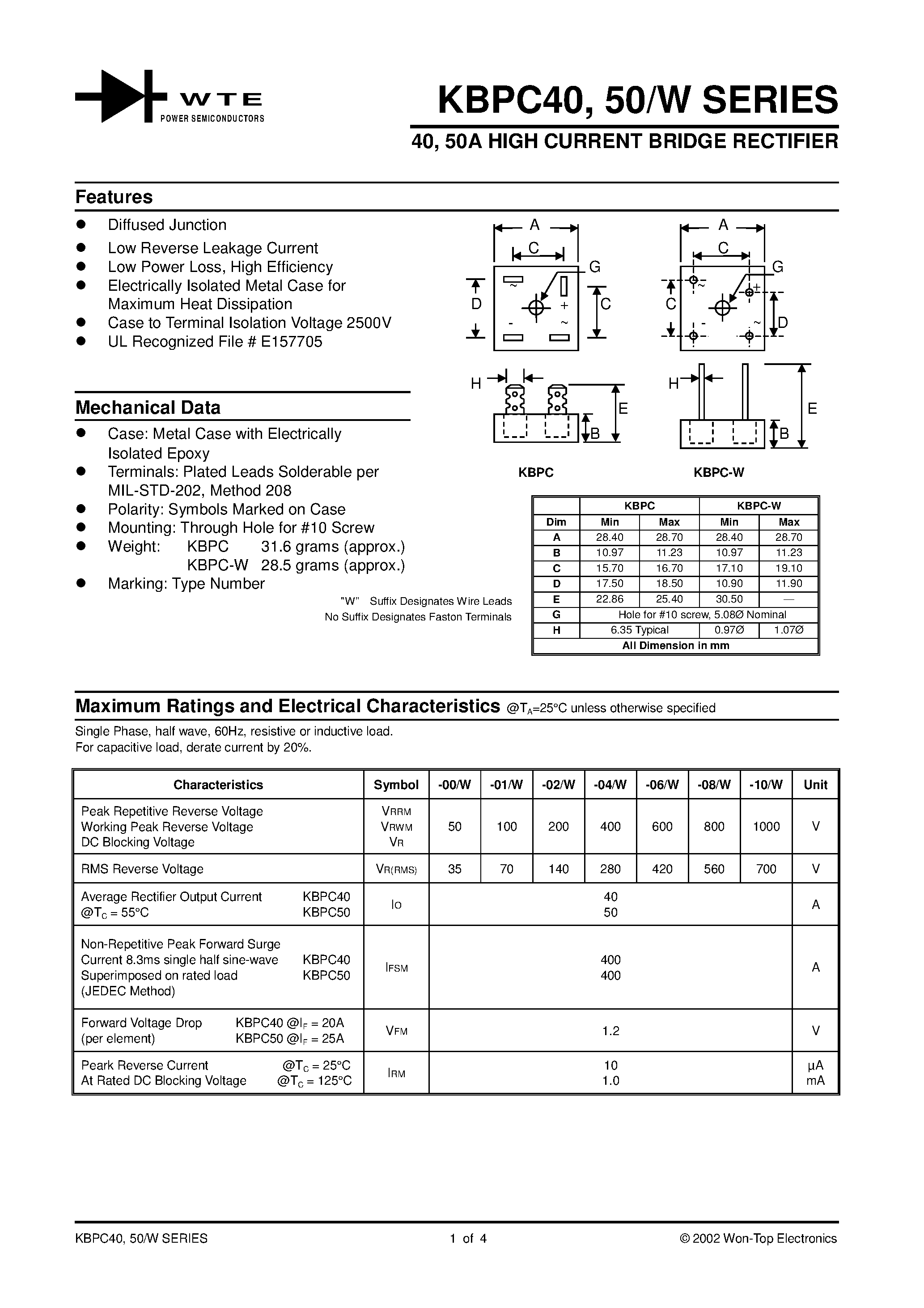Datasheet KBPC4000 - 40/ 50A HIGH CURRENT BRIDGE RECTIFIER page 1