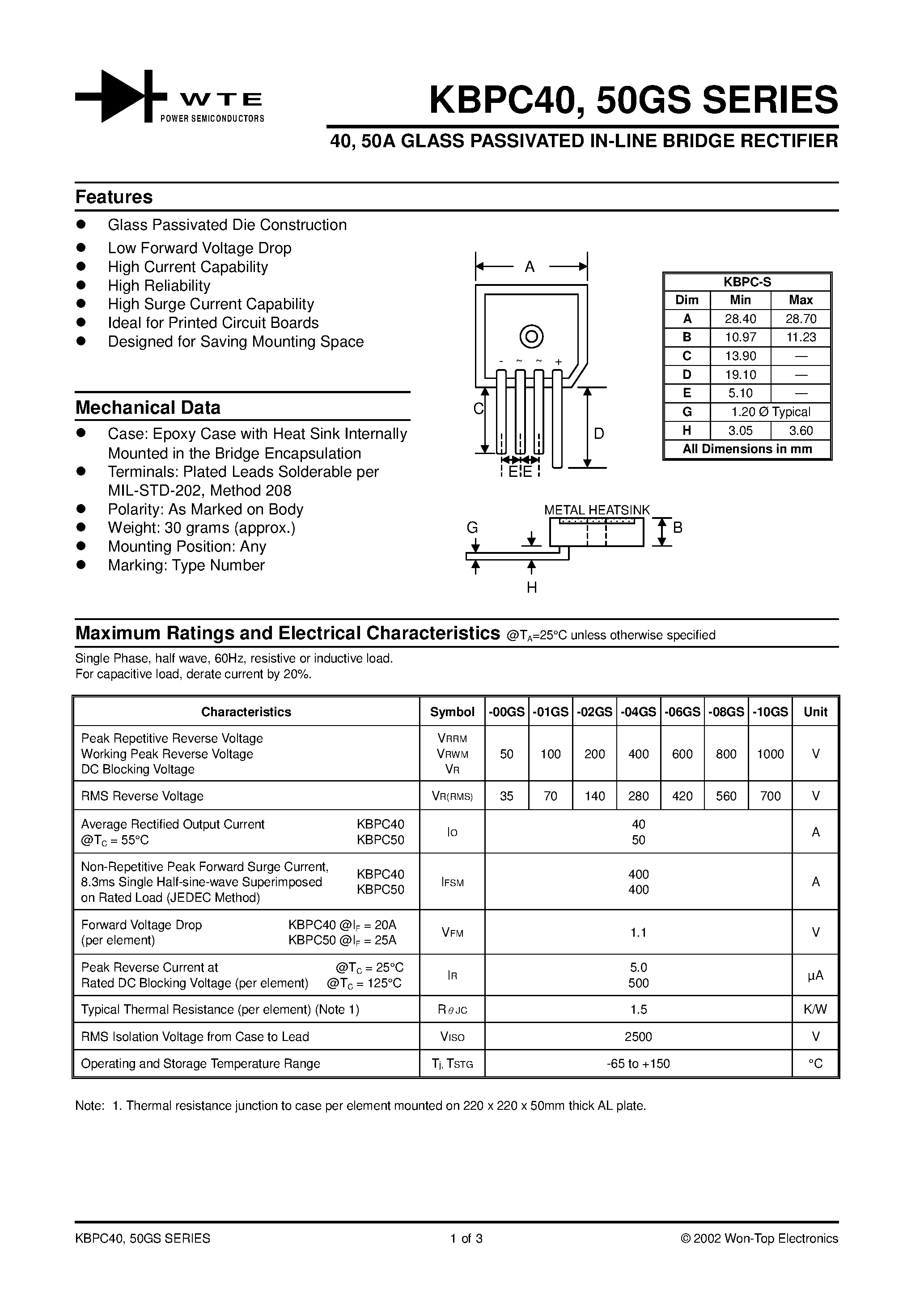 Datasheet KBPC4000GS page 1 Datasheet KBPC4000GS - 40/ 50A GLASS PASSIVATED IN-LINE BRIDGE RECTIFIER page 1