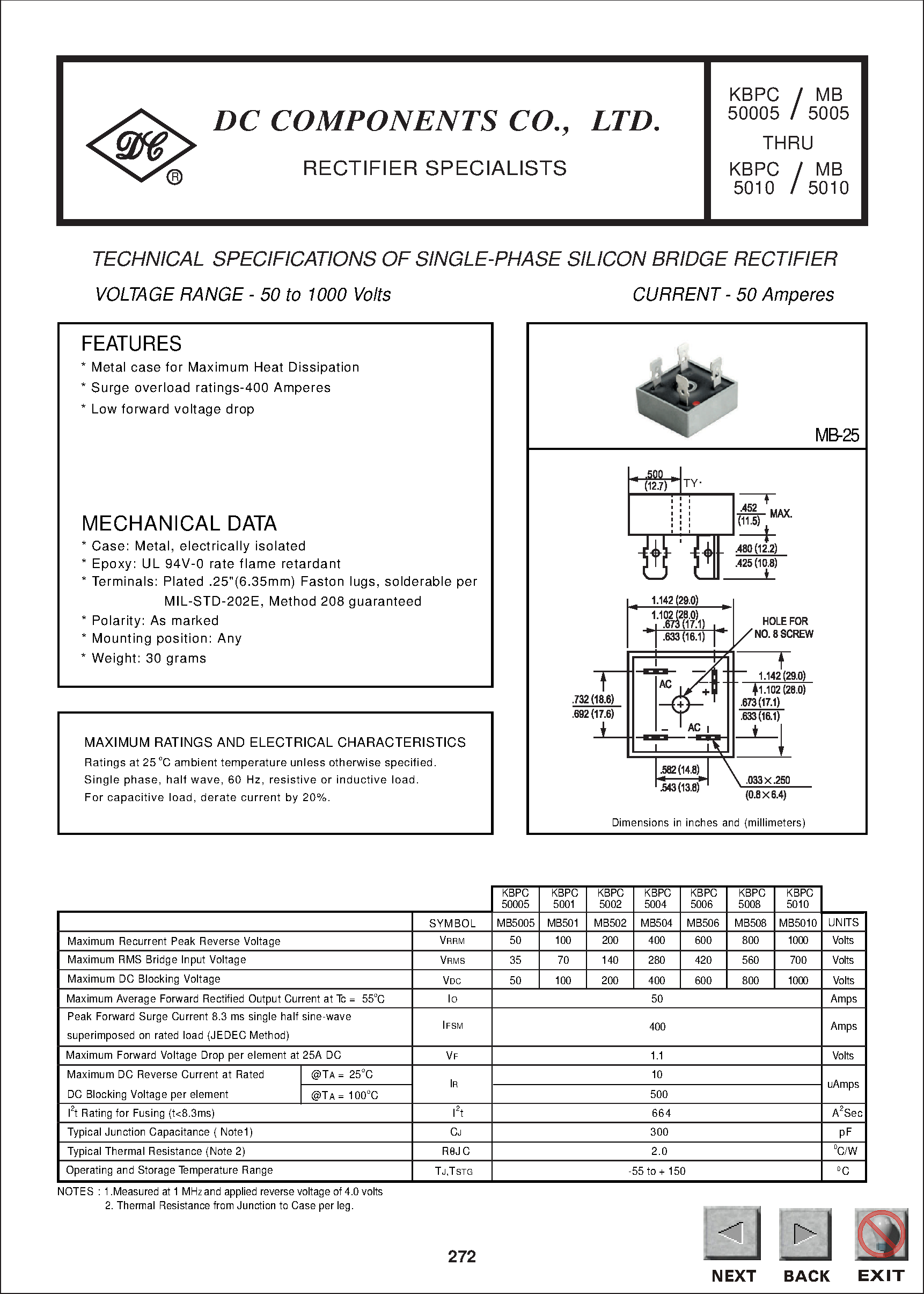 Datasheet KBPC5001 page 1 Datasheet KBPC5001 - TECHNICAL SPECIFICATIONS OF SINGLE-PHASE SILICON BRIDGE RECTIFIER page 1