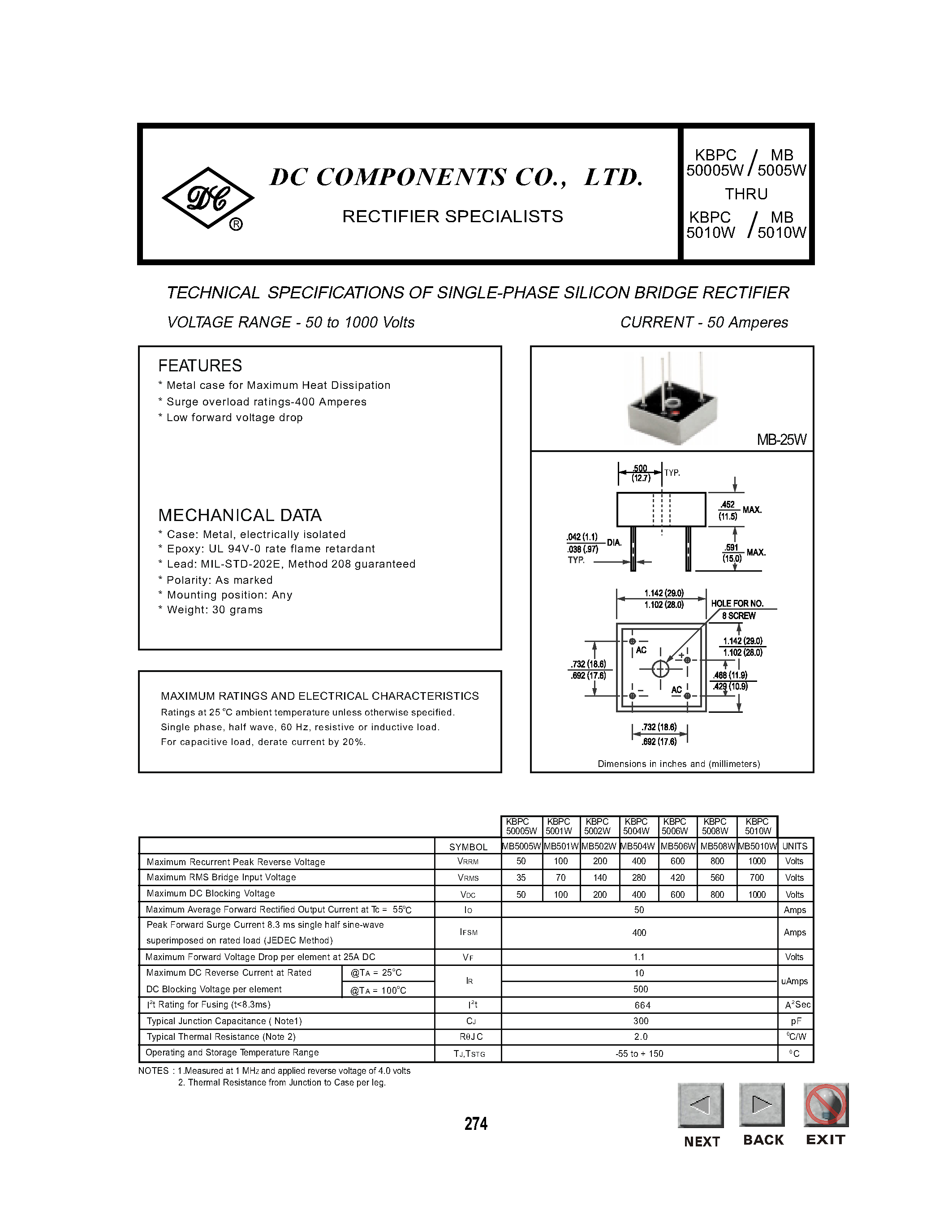 Datasheet KBPC5004W page 1 Datasheet KBPC5004W - TECHNICAL SPECIFICATIONS OF SINGLE-PHASE SILICON BRIDGE RECTIFIER page 1