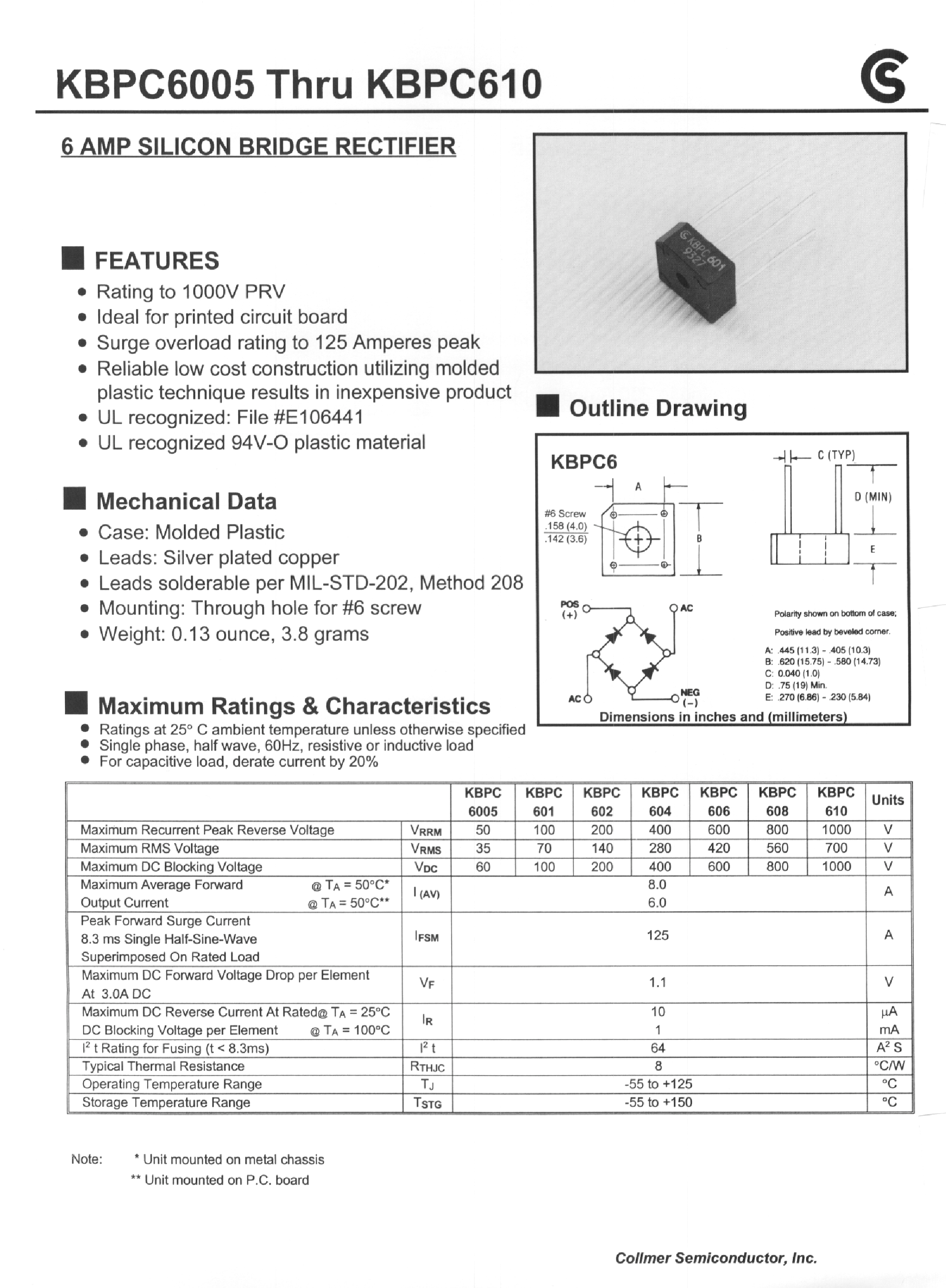 Datasheet KBPC6005 page 1 Datasheet KBPC6005 - 6 AMP SILICON BRIDGE RECTIFIER page 1
