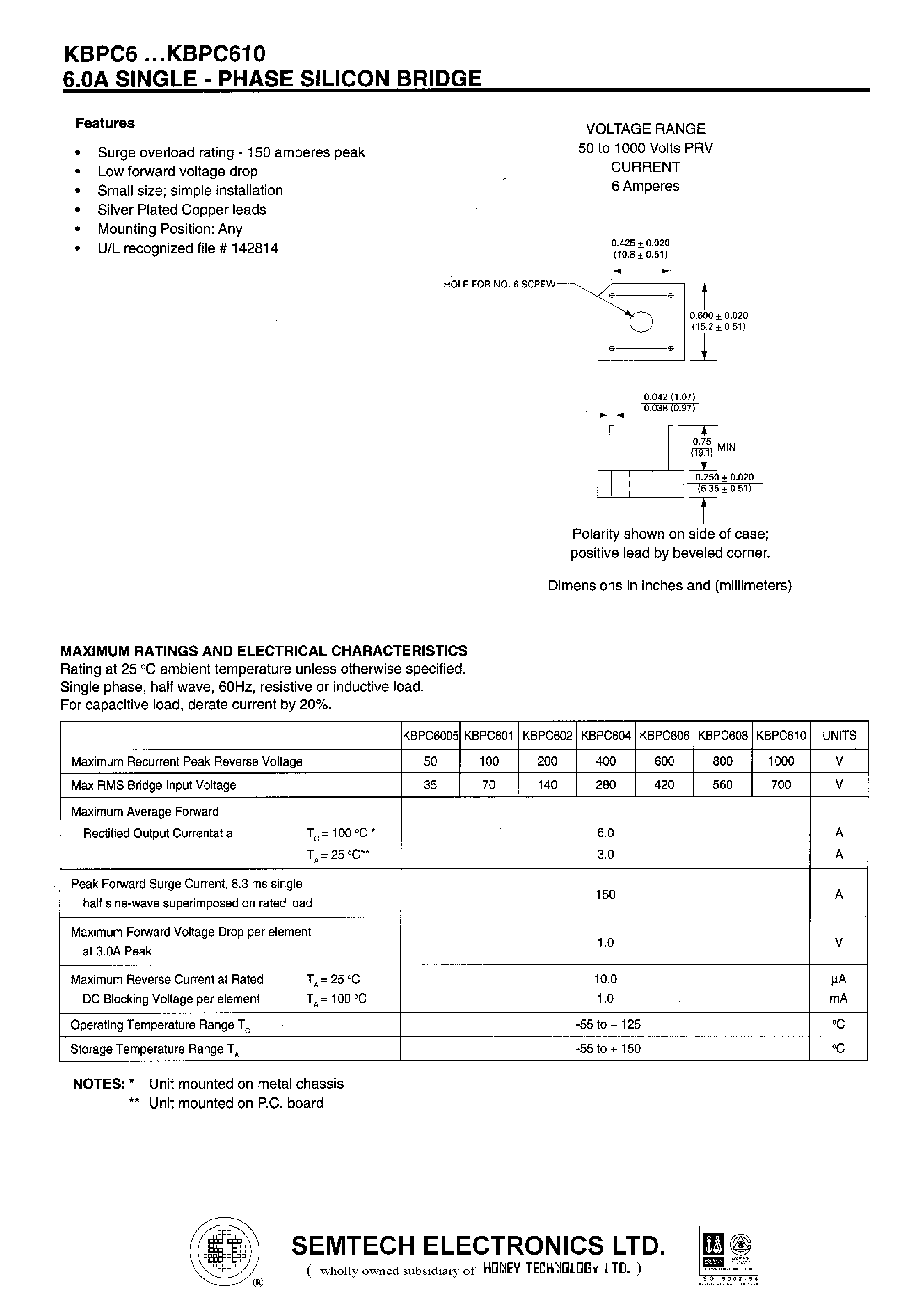 Datasheet KBPC6005 - 6.0A SINGLE - PHASE SILICON BRIDGE page 1
